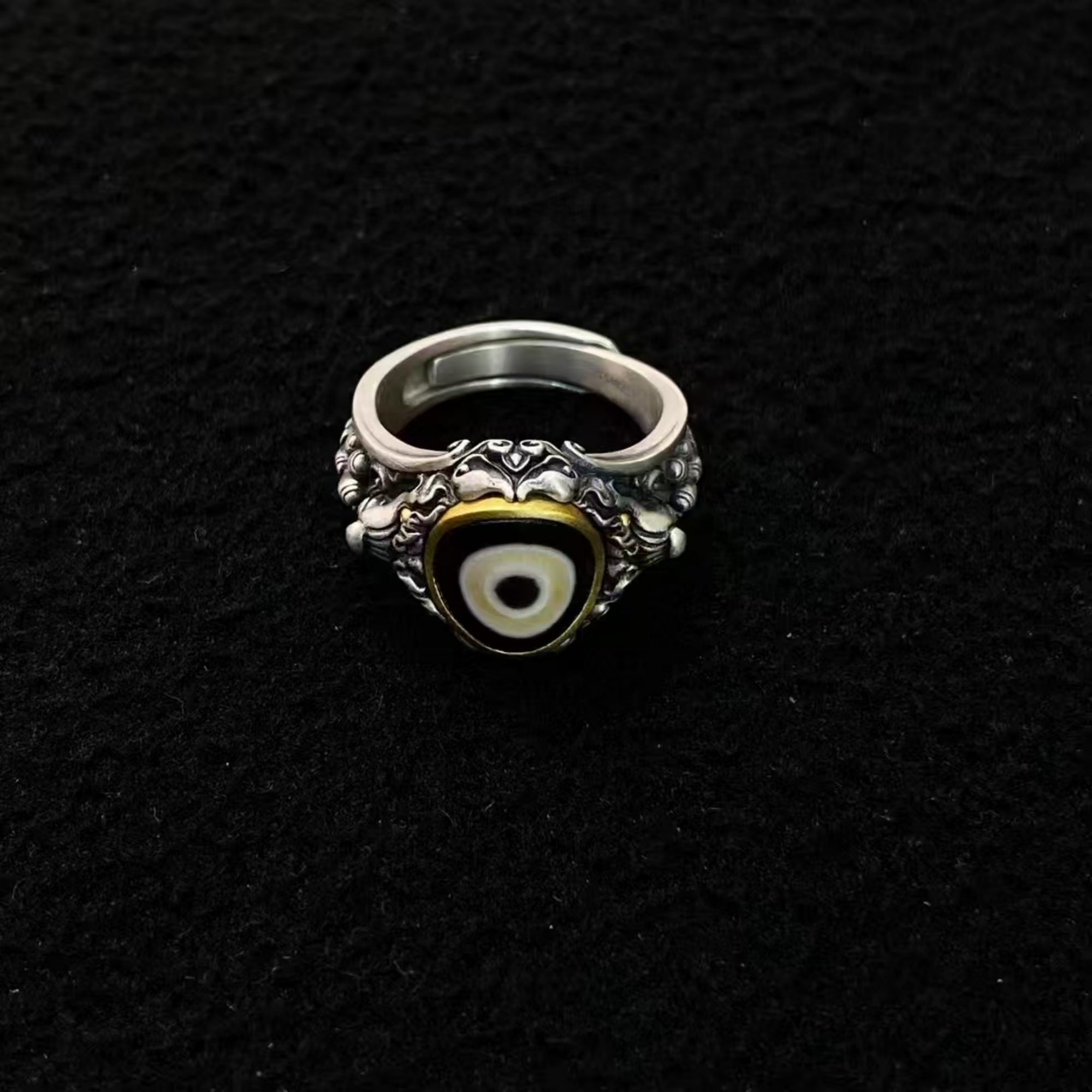 Tibetan Buddhist Rat of Wealth Silver Ring with Dzi Bead