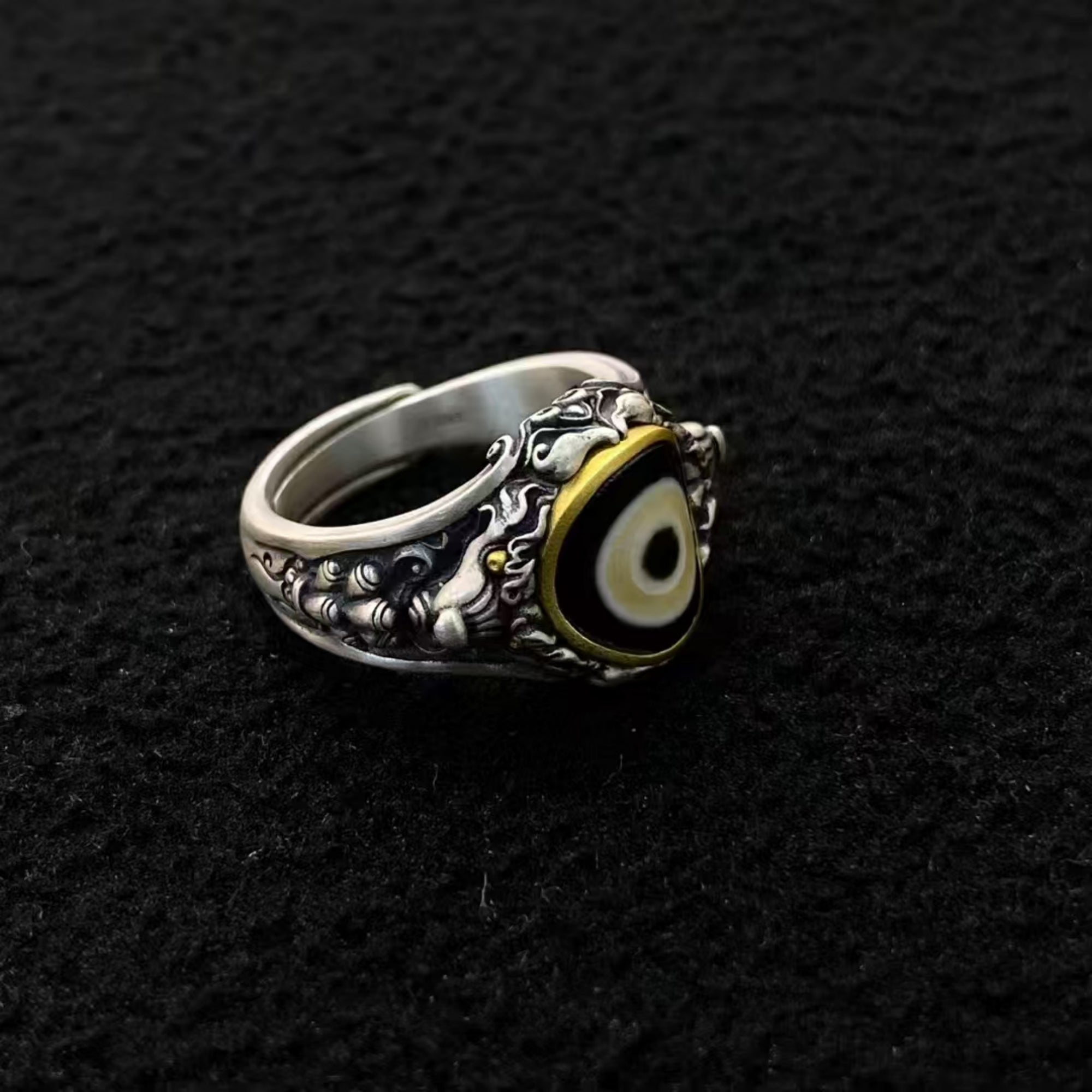 Tibetan Buddhist Rat of Wealth Silver Ring with Dzi Bead