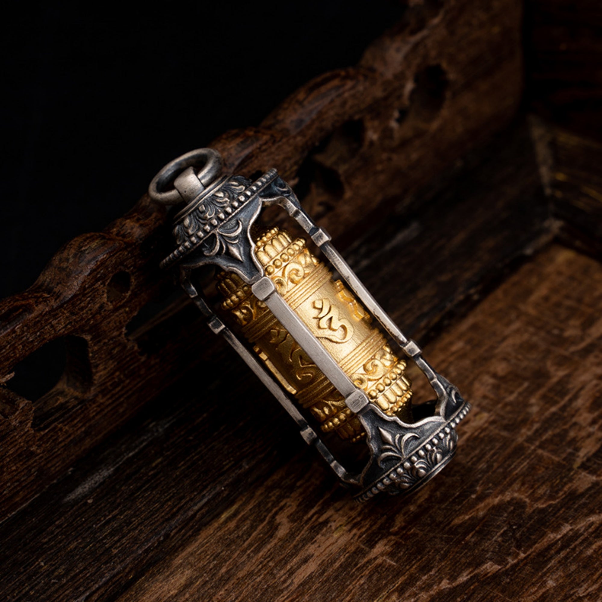 Tibetan Buddhist Six-Syllable Mantra Prayer Wheel Sterling Silver Pendant