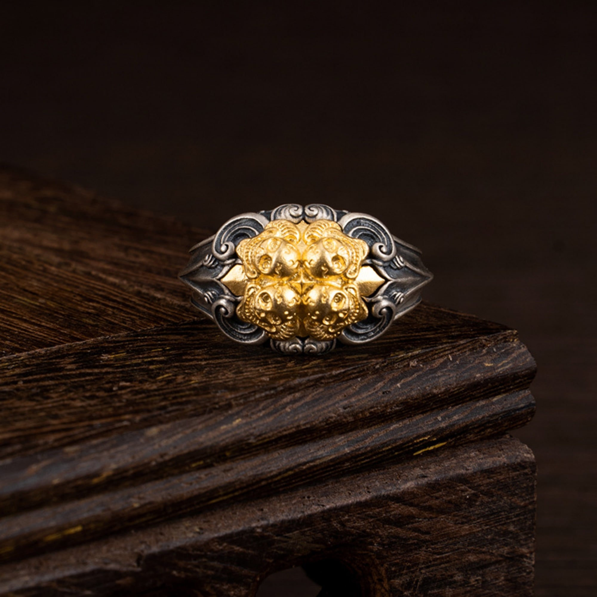 Tibetan Buddhist Skull and Lotus Sterling Silver Ring