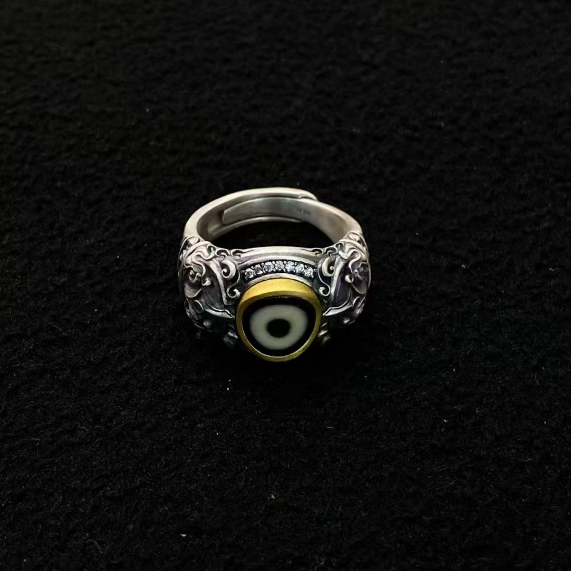Tibetan Buddhist Vajrakilaya Silver Ritual Ring with Dzi Bead