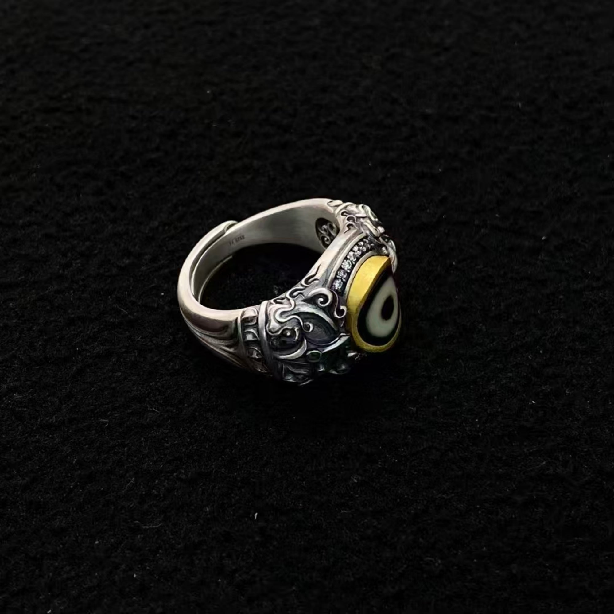 Tibetan Buddhist Vajrakilaya Silver Ritual Ring with Dzi Bead