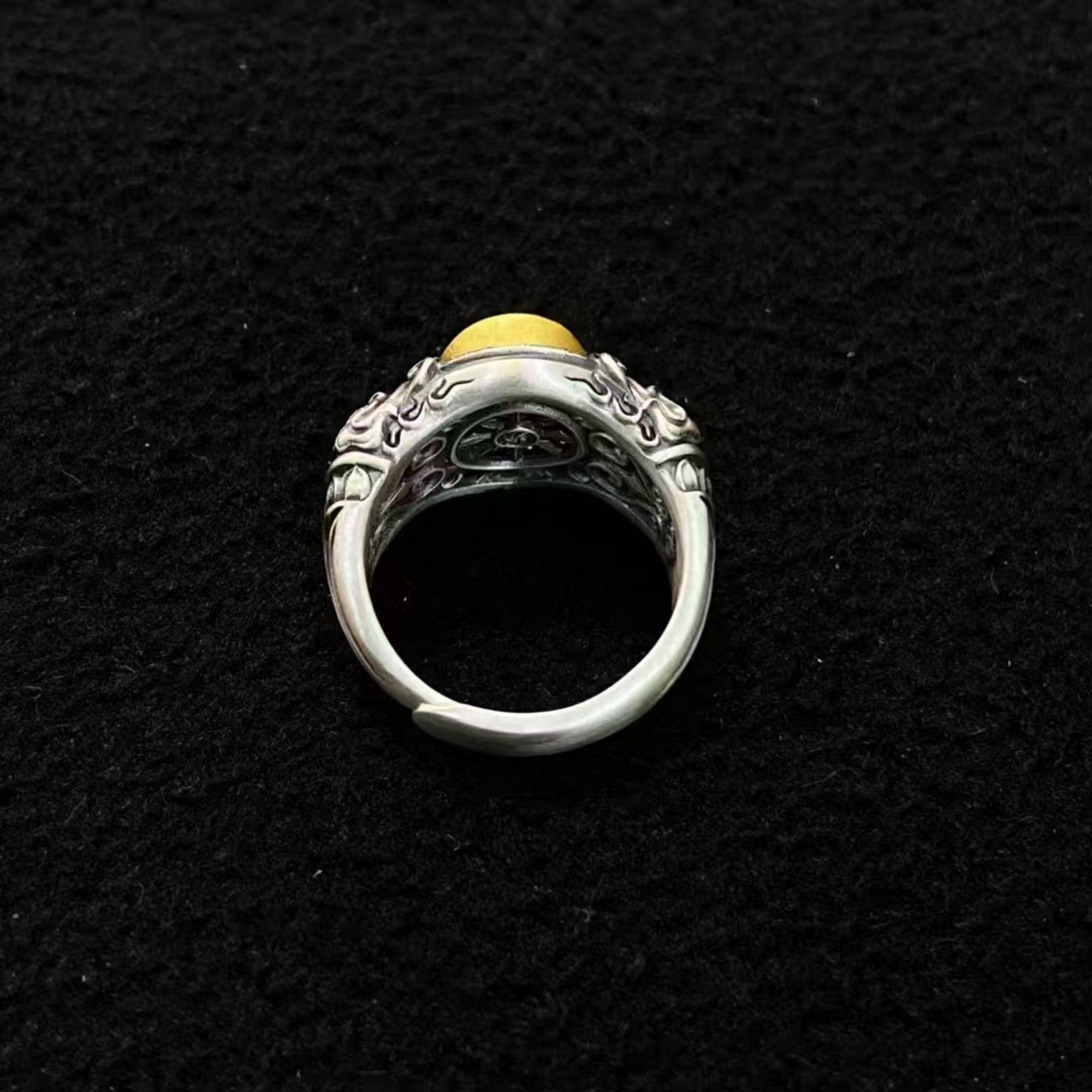 Tibetan Buddhist Vajrakilaya Silver Ritual Ring with Dzi Bead