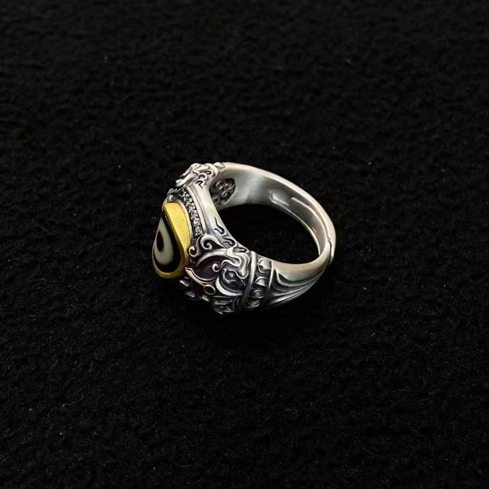 Tibetan Buddhist Vajrakilaya Silver Ritual Ring with Dzi Bead