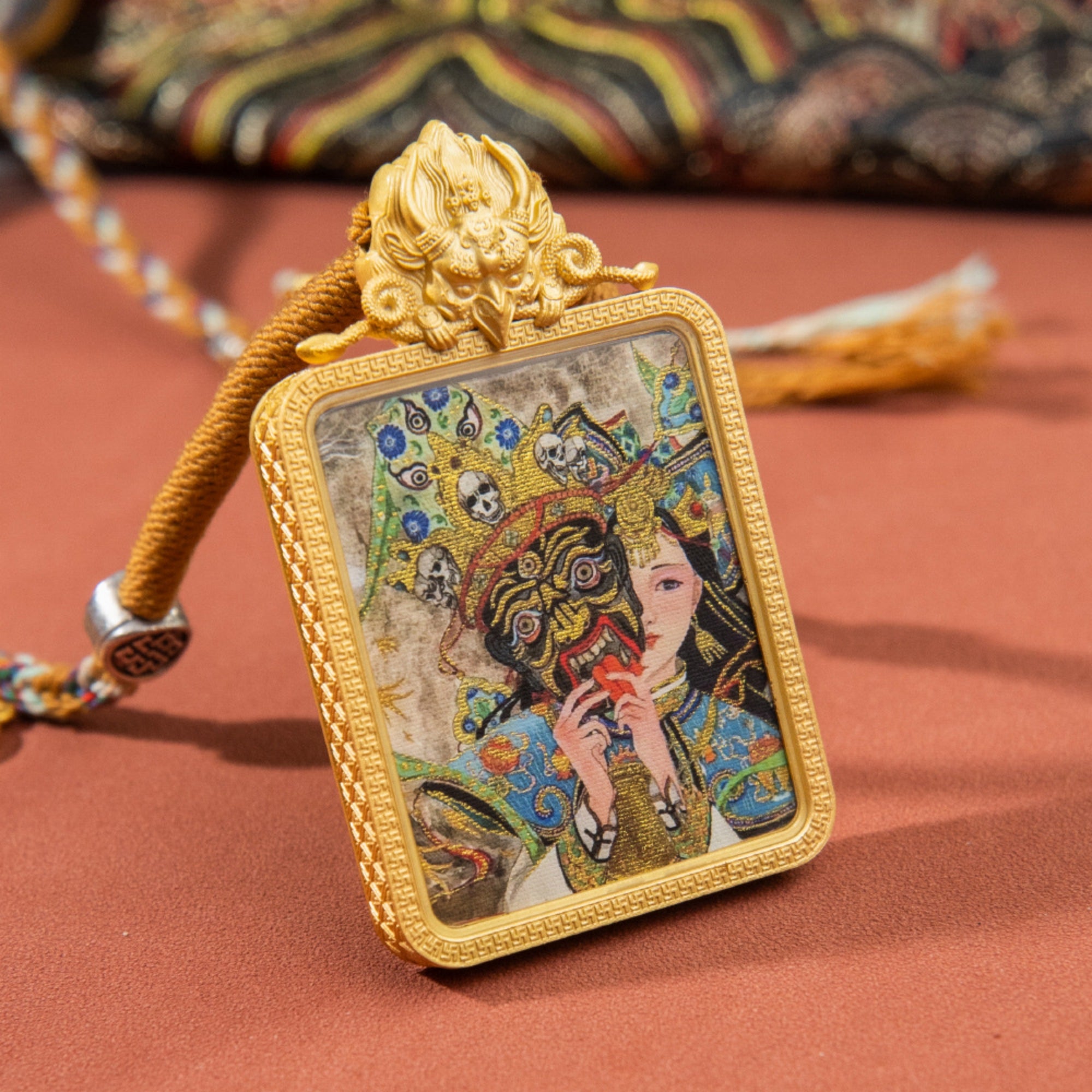 Tibetan Buddhist Zakiram Thangka with Garuda-Carved Gawu Box Necklace