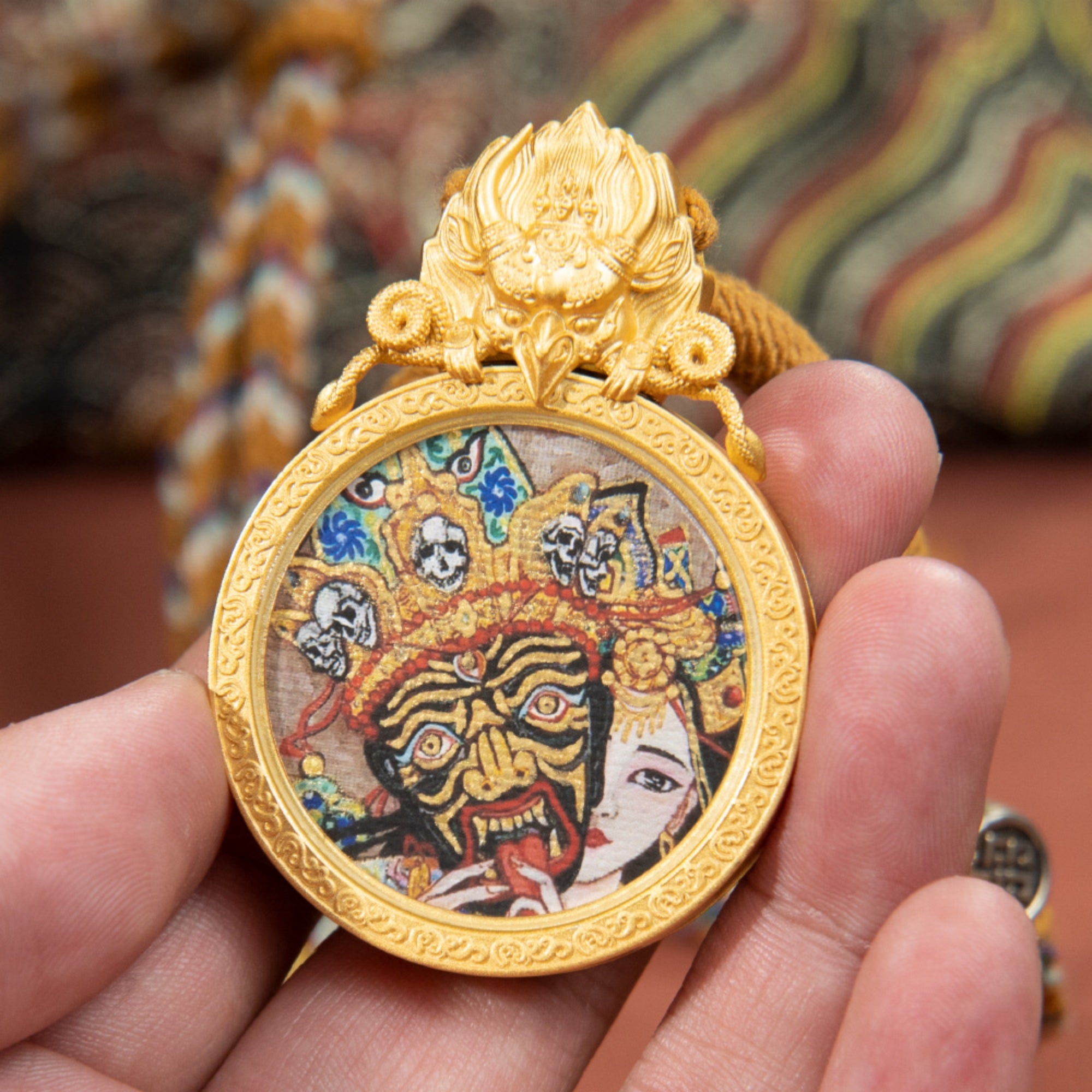 Tibetan Buddhist Zakiram Thangka with Garuda-Carved Gawu Box Necklace