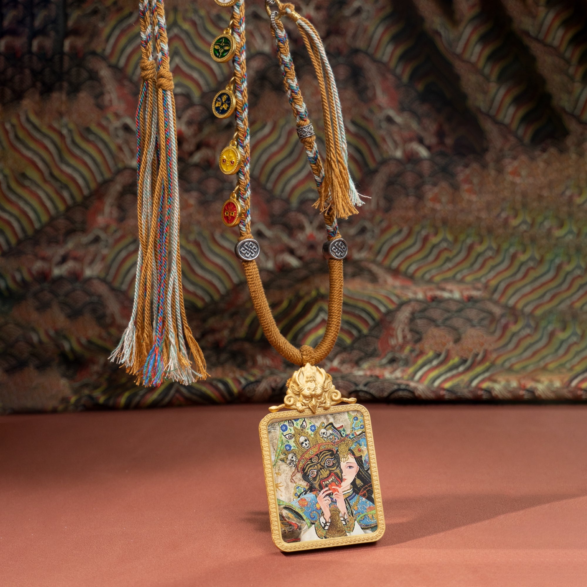 Tibetan Buddhist Zakiram Thangka with Garuda-Carved Gawu Box Necklace