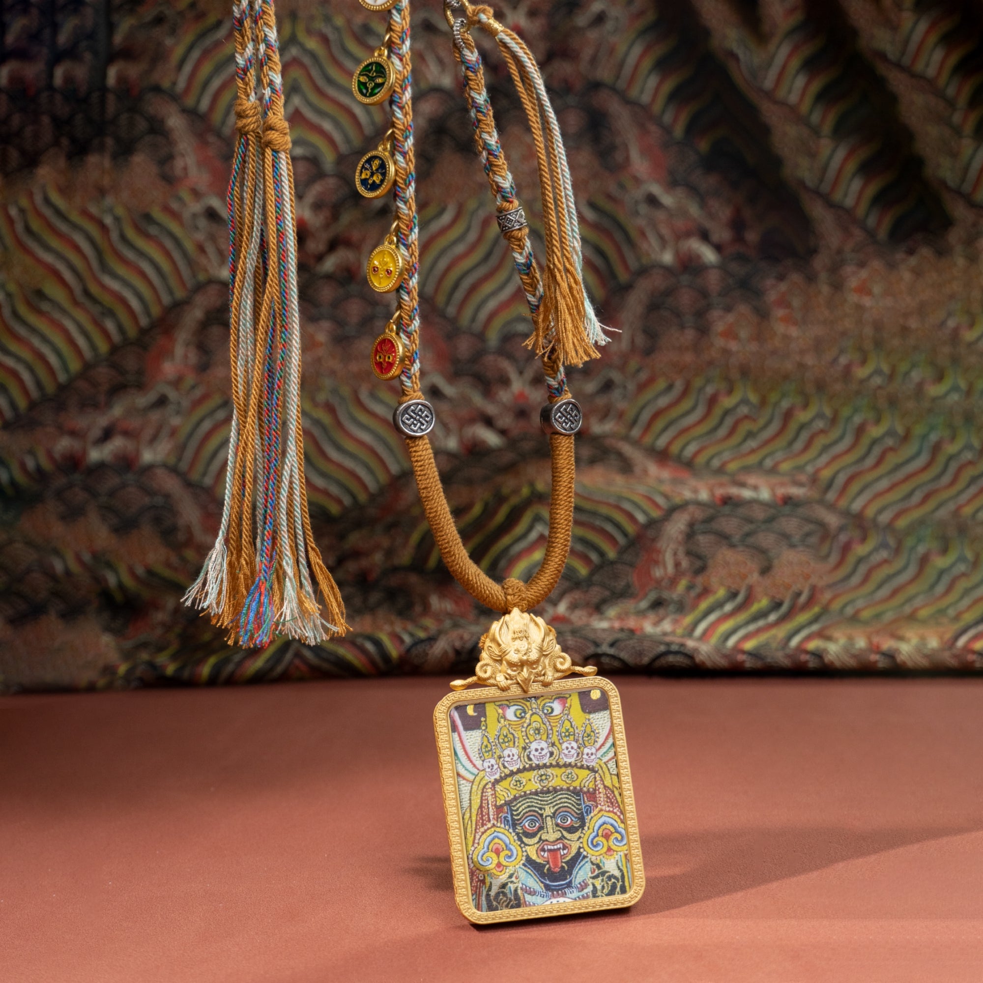 Tibetan Buddhist Zakiram Thangka with Garuda-Carved Gawu Box Necklace