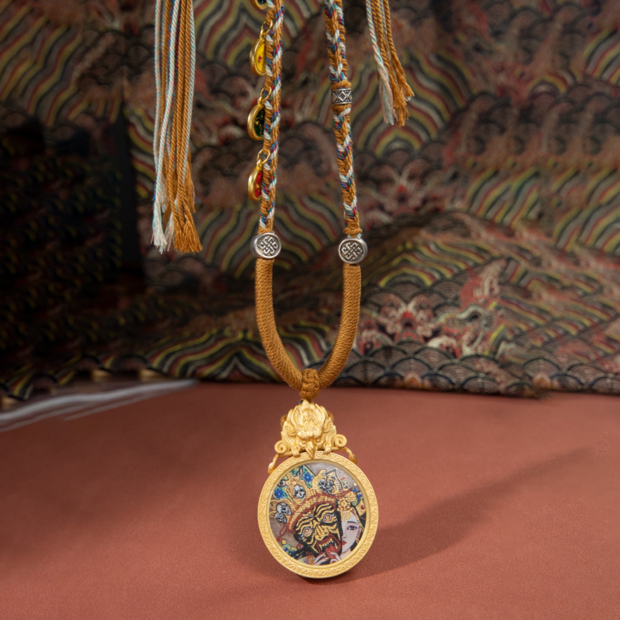 Tibetan Buddhist Zakiram Thangka with Garuda-Carved Gawu Box Necklace