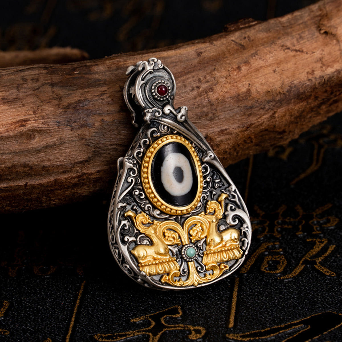 Tibetan Double-Deer Dzi Bead Sterling Silver Pendant