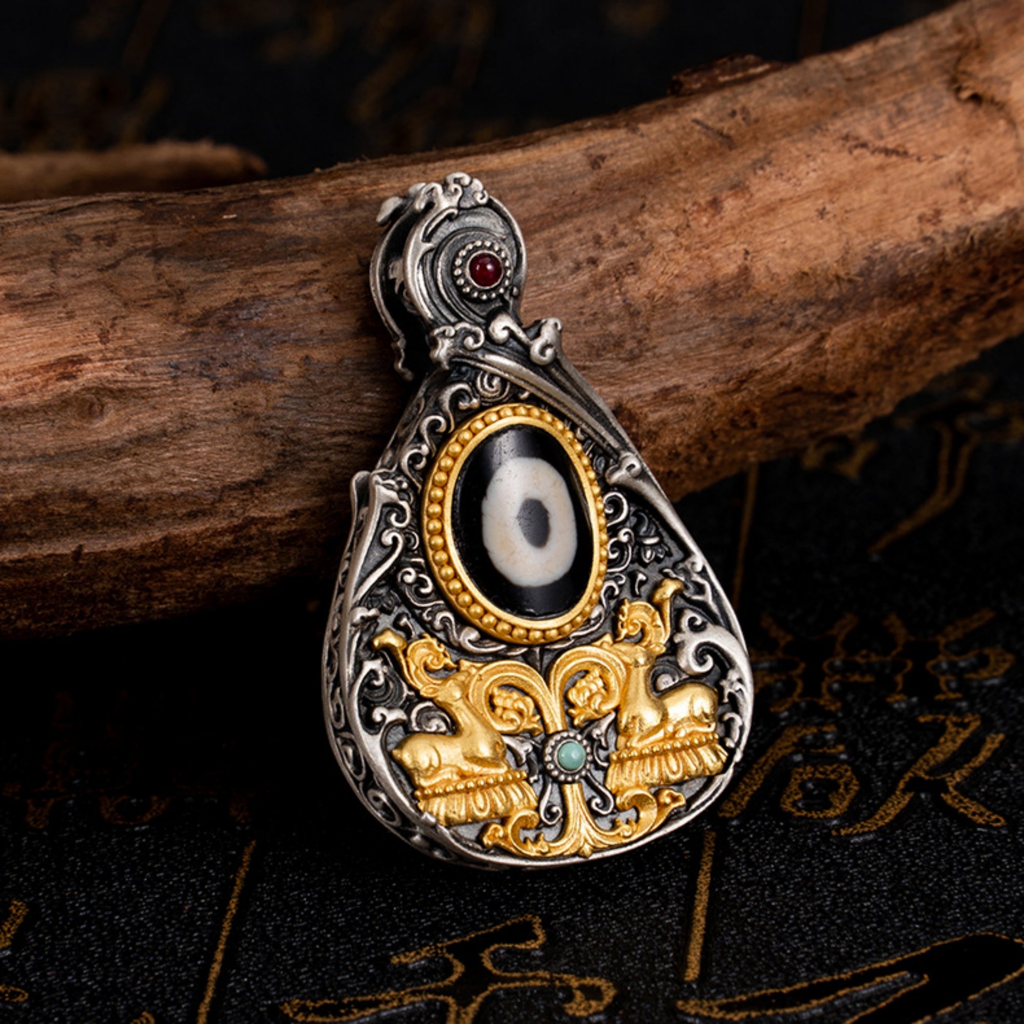 Tibetan Double-Deer Dzi Bead Sterling Silver Pendant