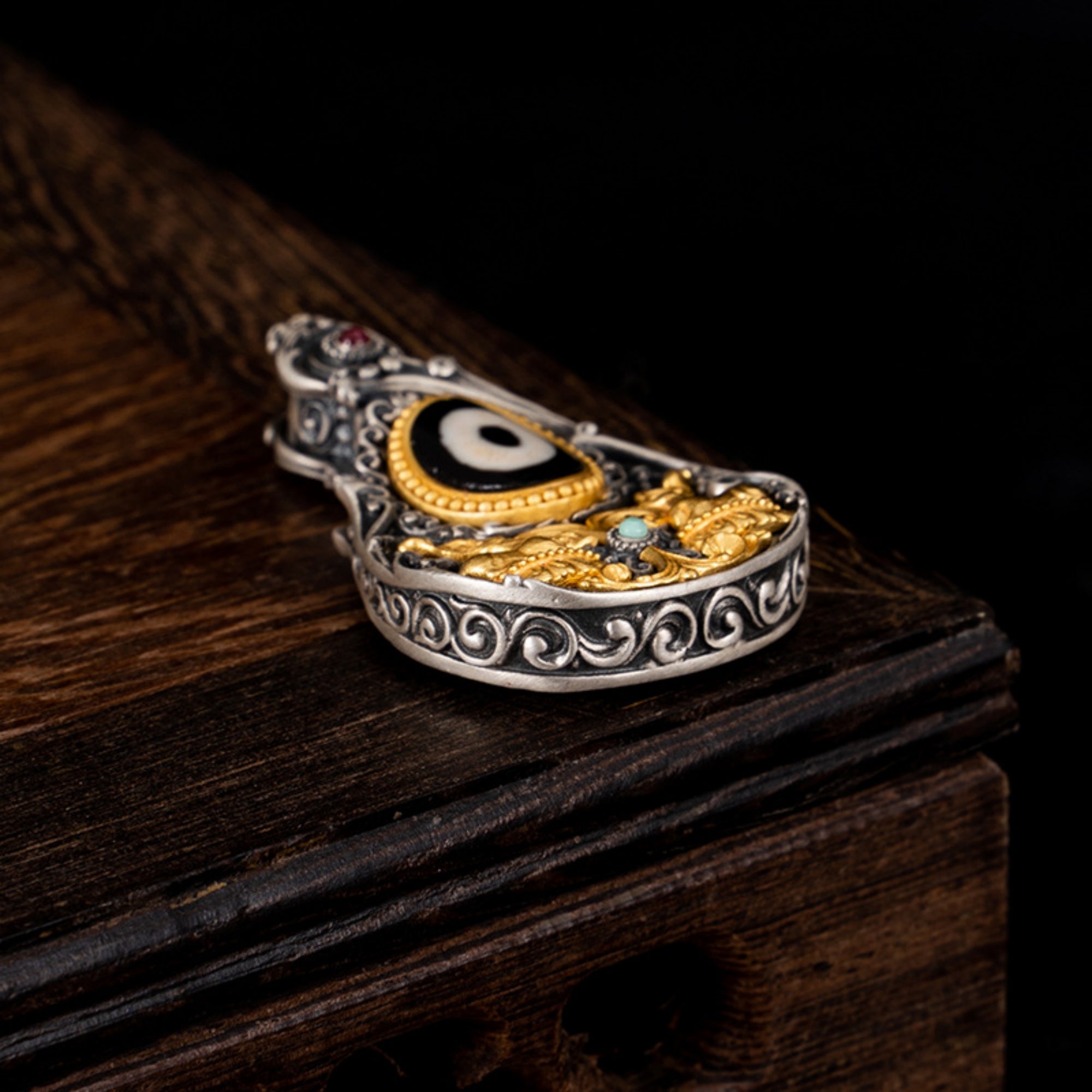 Tibetan Double-Deer Dzi Bead Sterling Silver Pendant