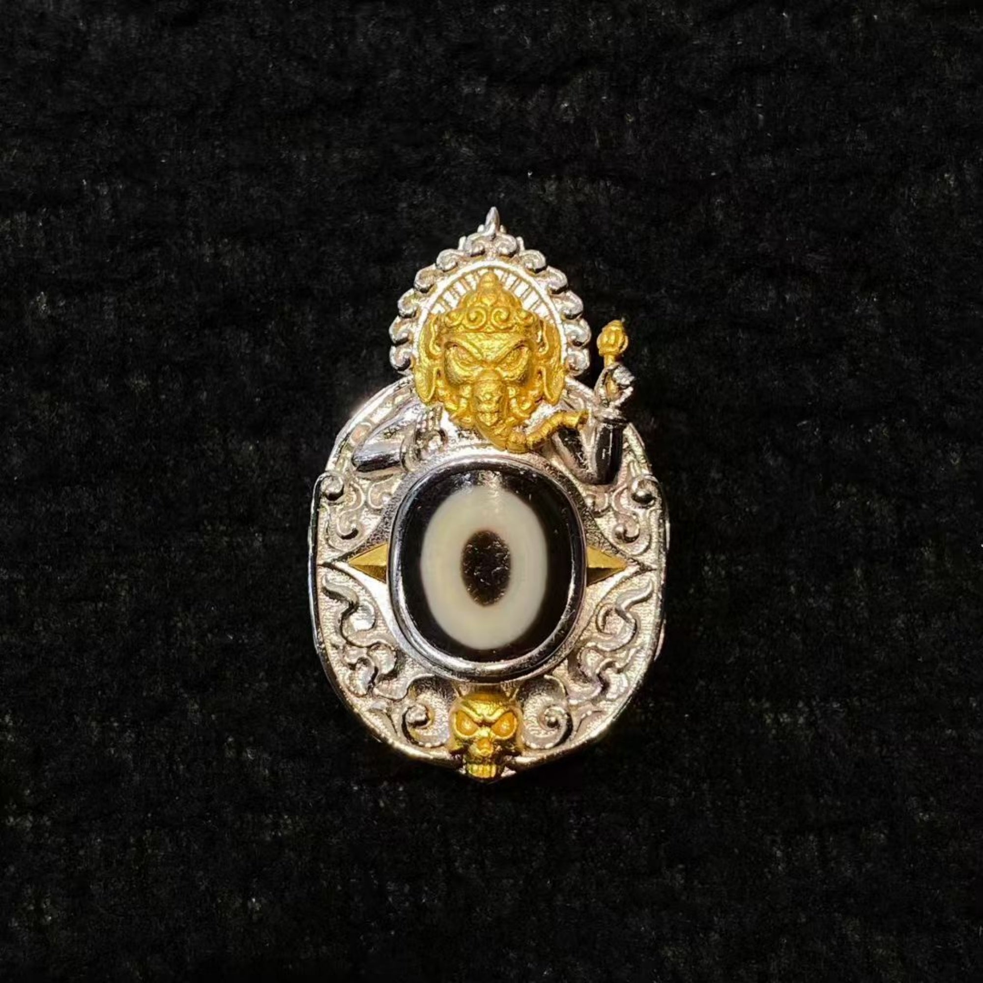 Tibetan Dzi Bead Elephant-Headed Deity Sterling Silver Pendant