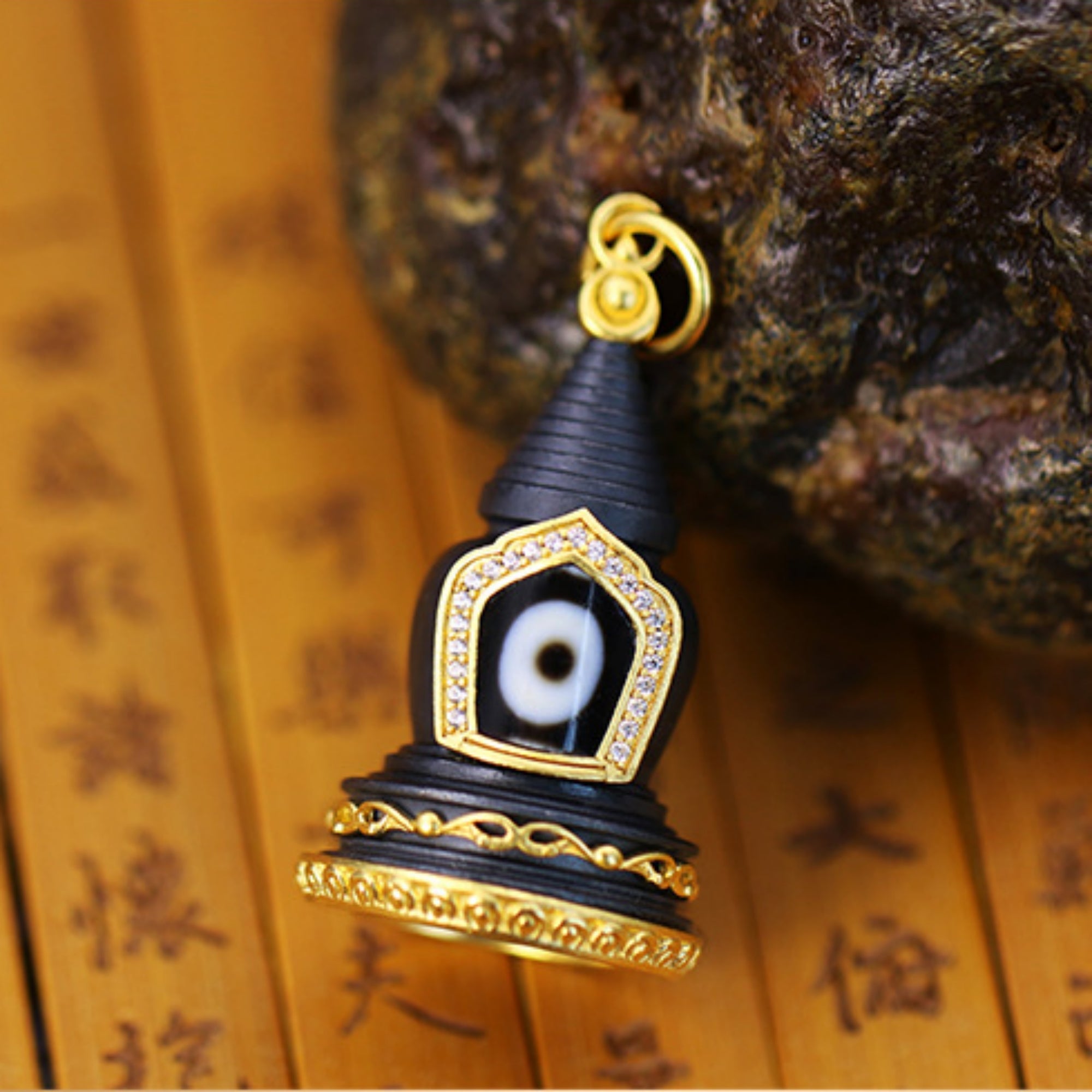 Tibetan Dzi Bead Sterling Silver Stupa Pendant