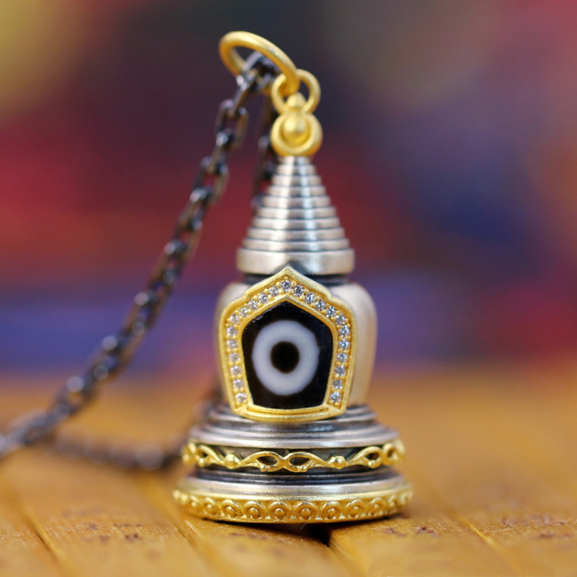 Tibetan Dzi Bead Sterling Silver Stupa Pendant