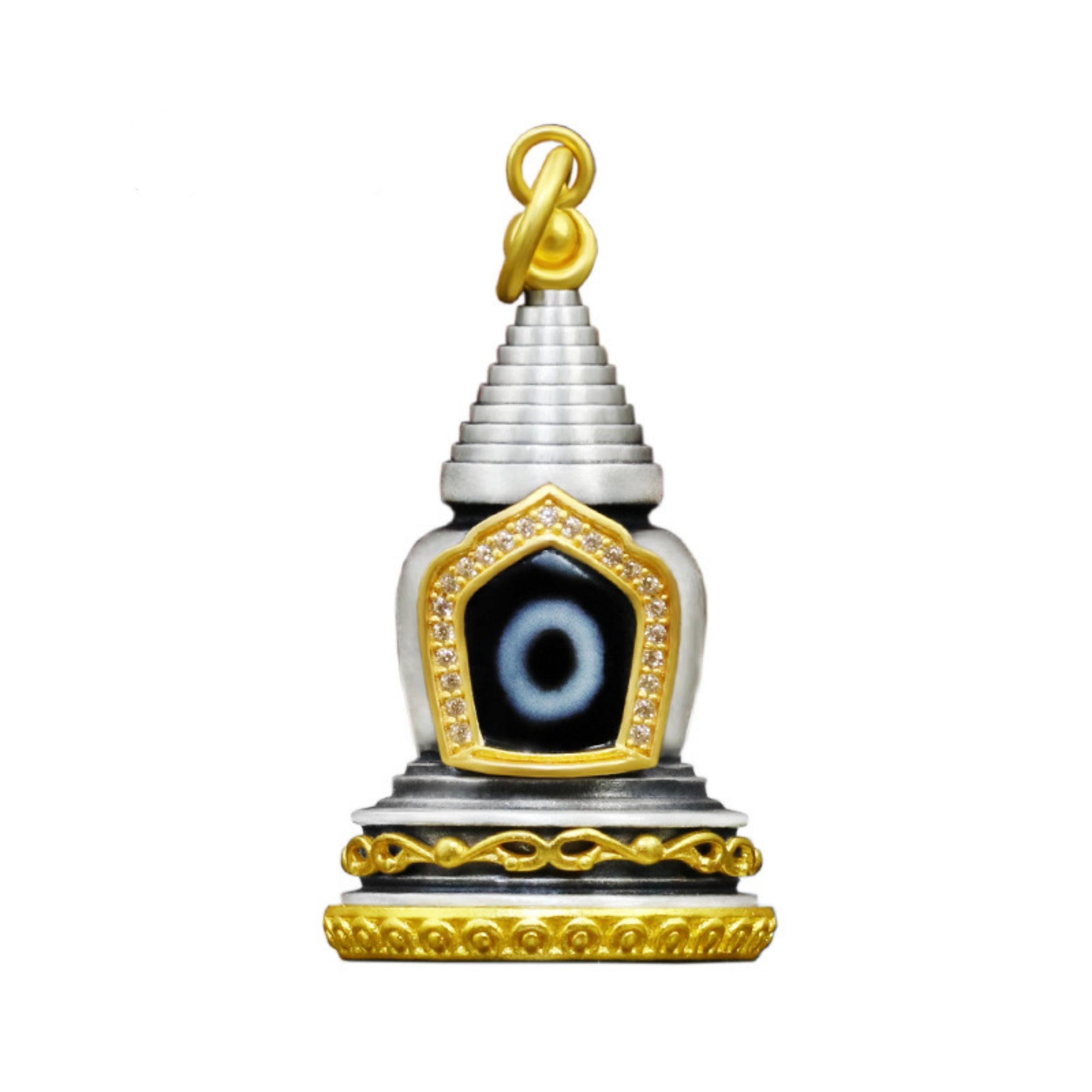 Tibetan Dzi Bead Sterling Silver Stupa Pendant