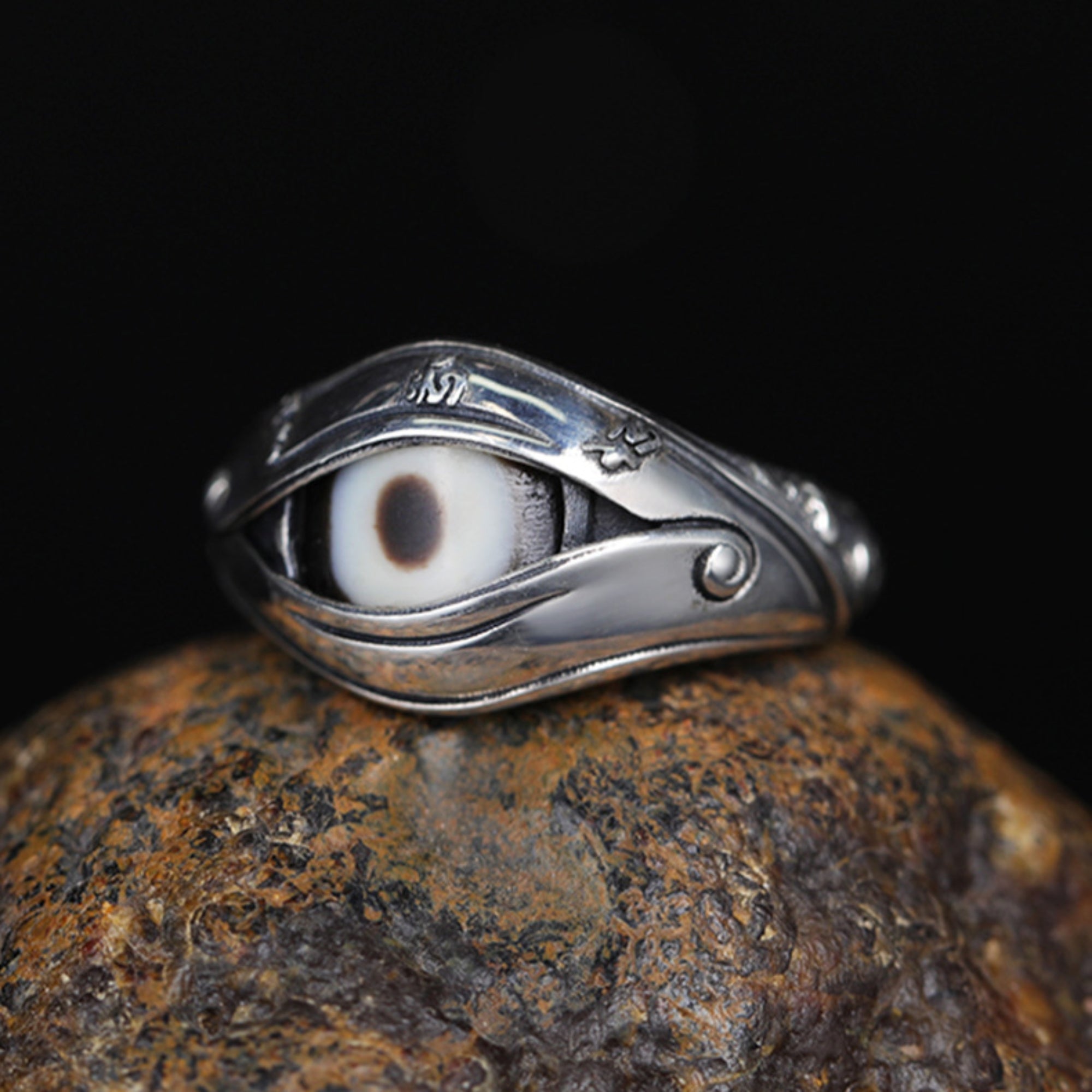Tibetan “Eye of the Buddha” Dzi Bead Sterling Silver Adjustable Ring