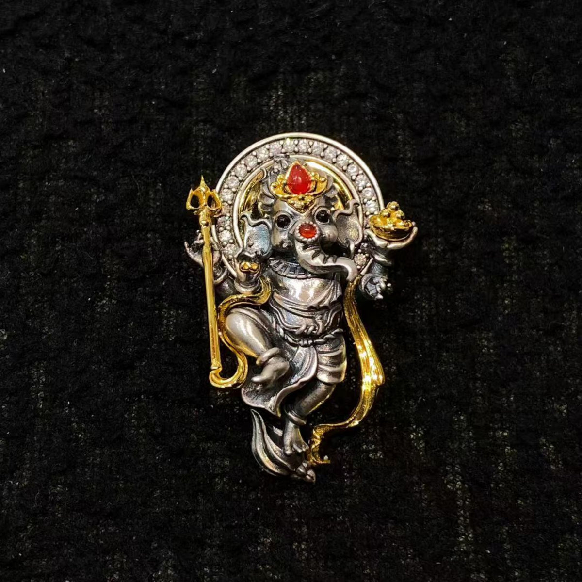Tibetan Four-Armed Elephant-Headed Deity (Ganapati) Sterling Silver Pendant