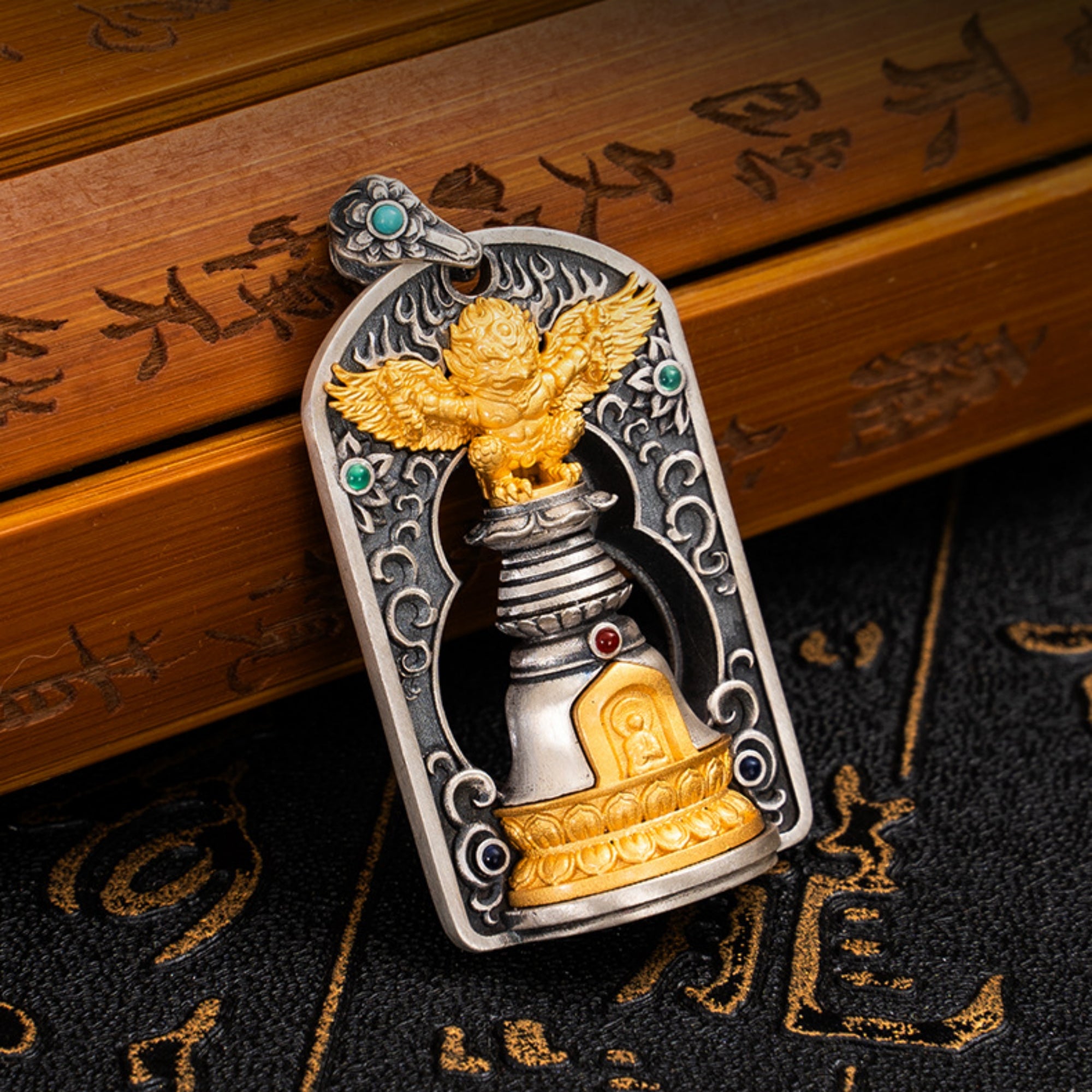Tibetan Garuda Stupa Sterling Silver Pendant