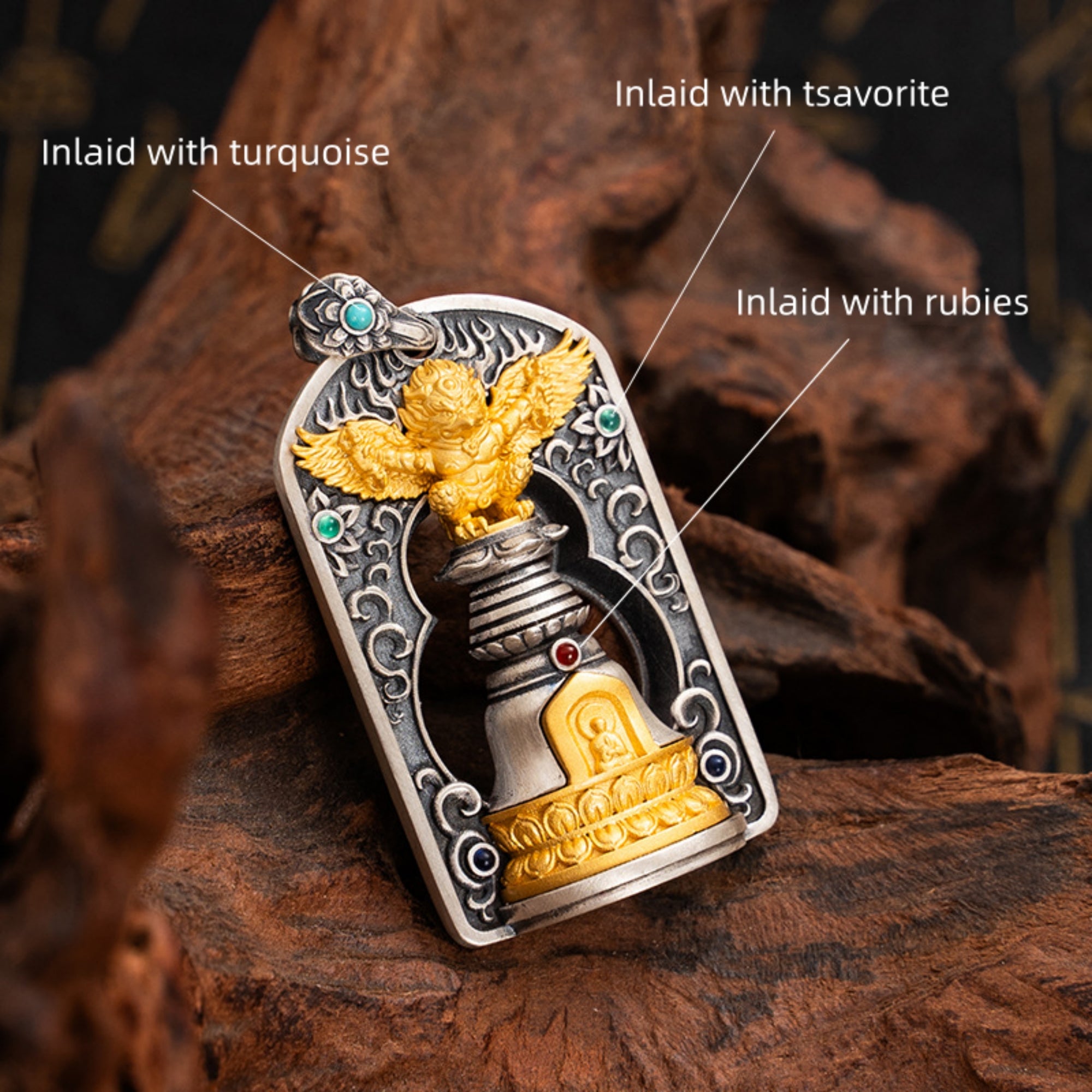 Tibetan Garuda Stupa Sterling Silver Pendant