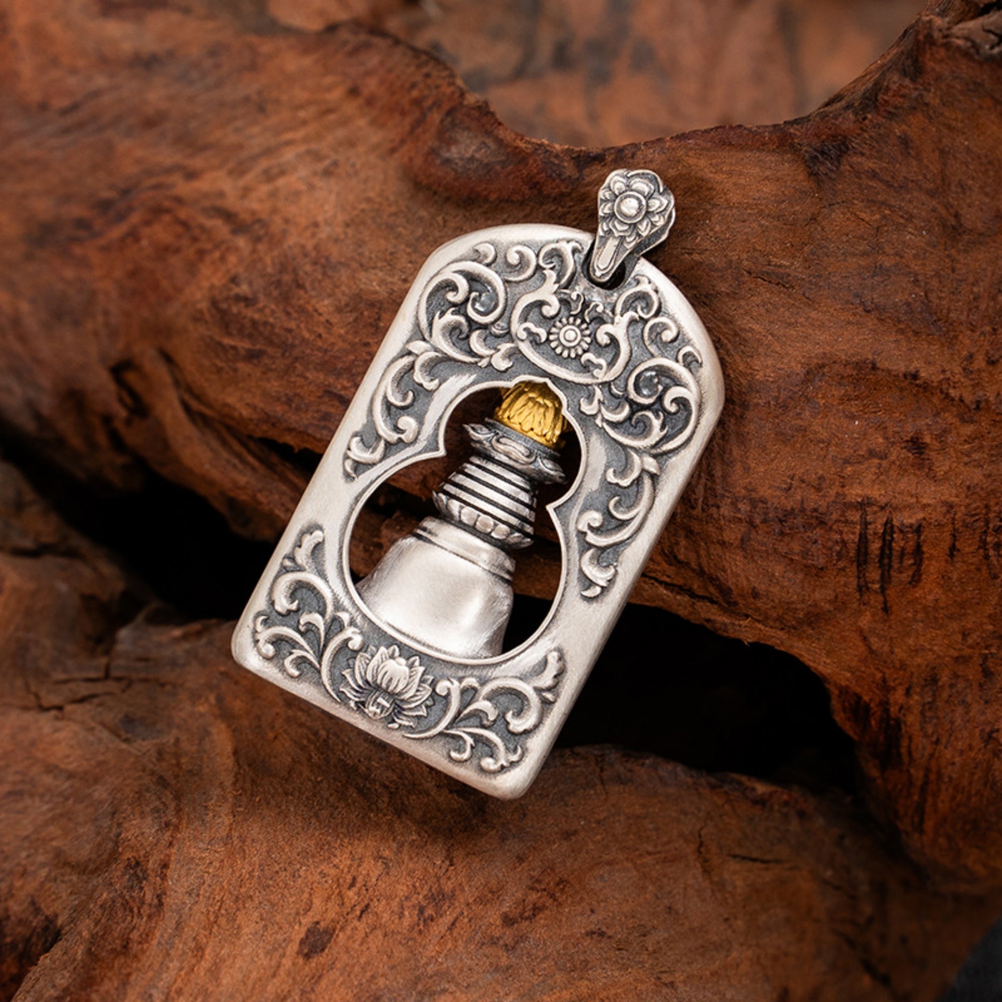 Tibetan Garuda Stupa Sterling Silver Pendant