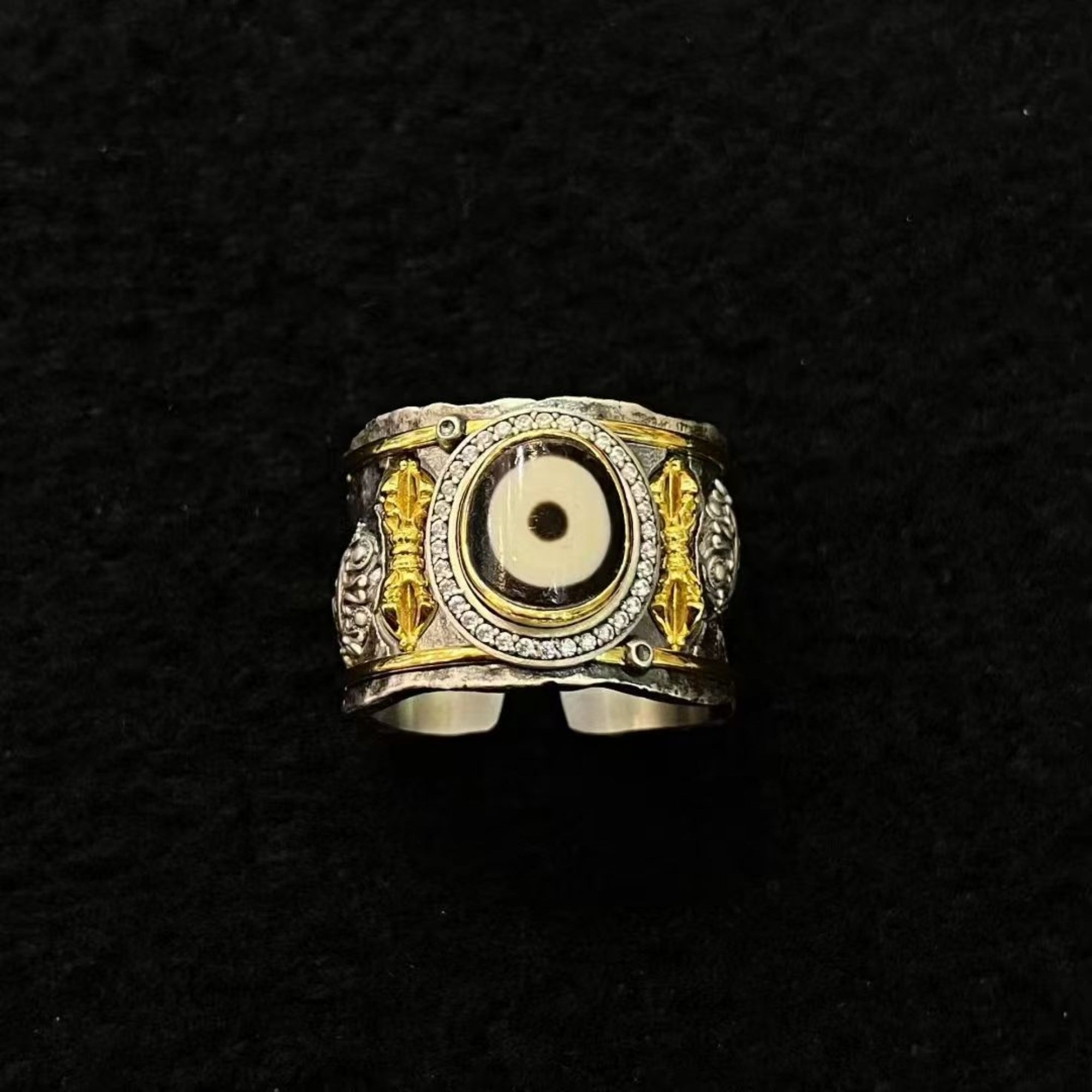 Tibetan Green Tara Dzi Bead Sterling Silver Adjustable Ring