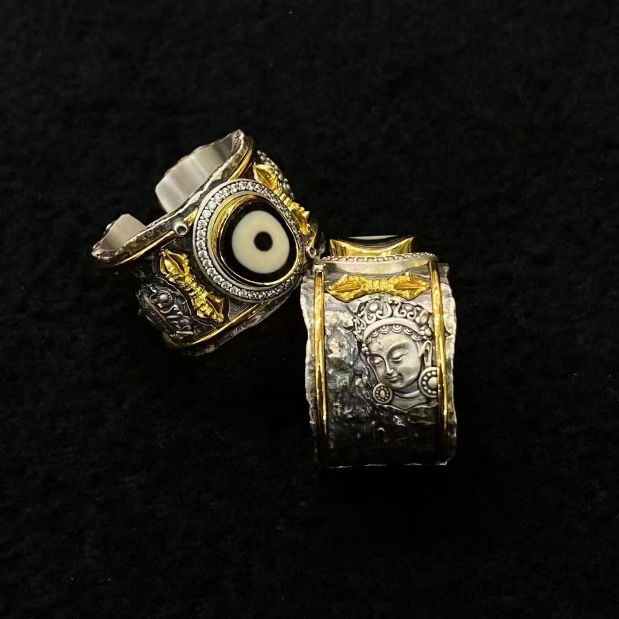 Tibetan Green Tara Dzi Bead Sterling Silver Adjustable Ring