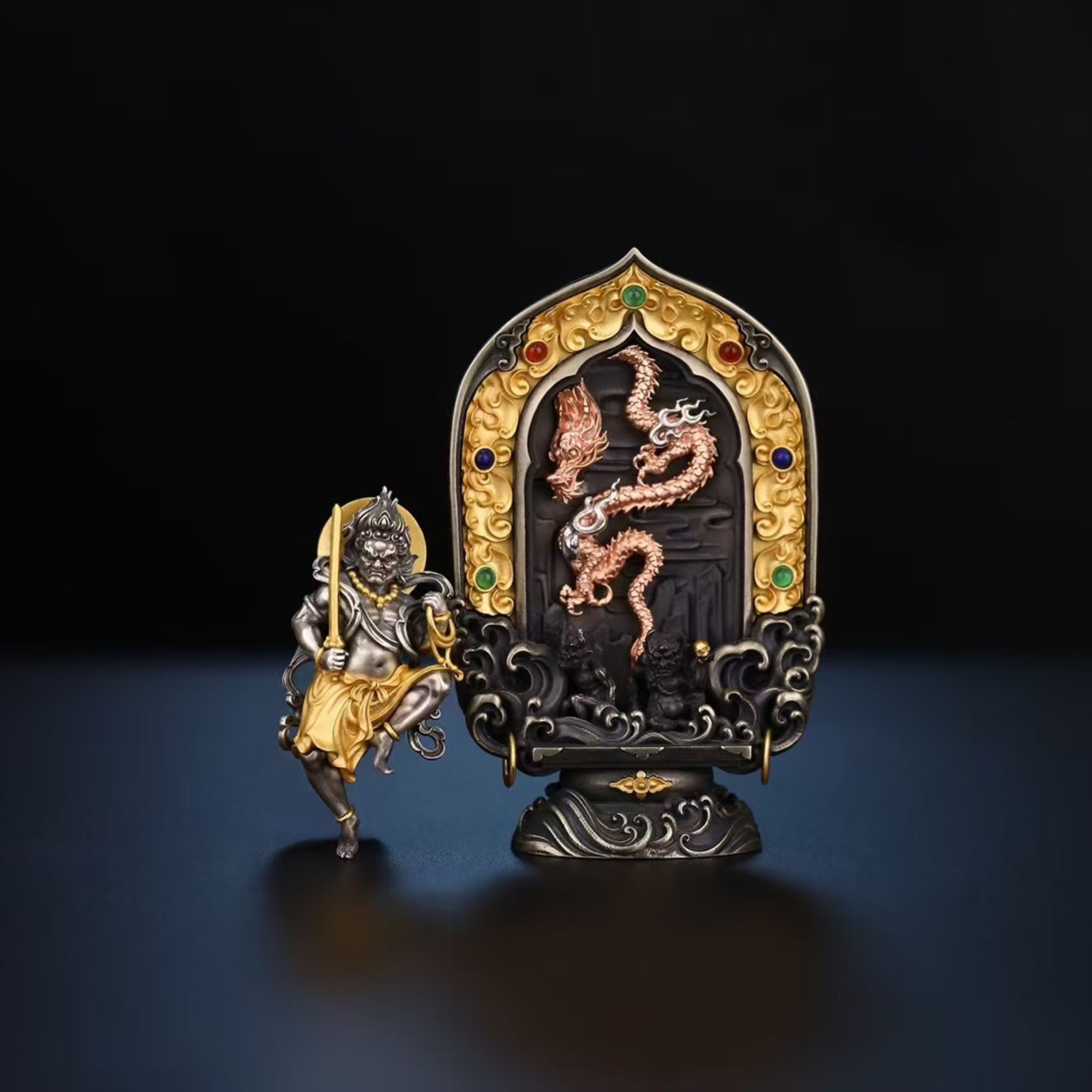 Tibetan Hand-Carved Acala (Fudo Myo-o) Silver Shrine Statue