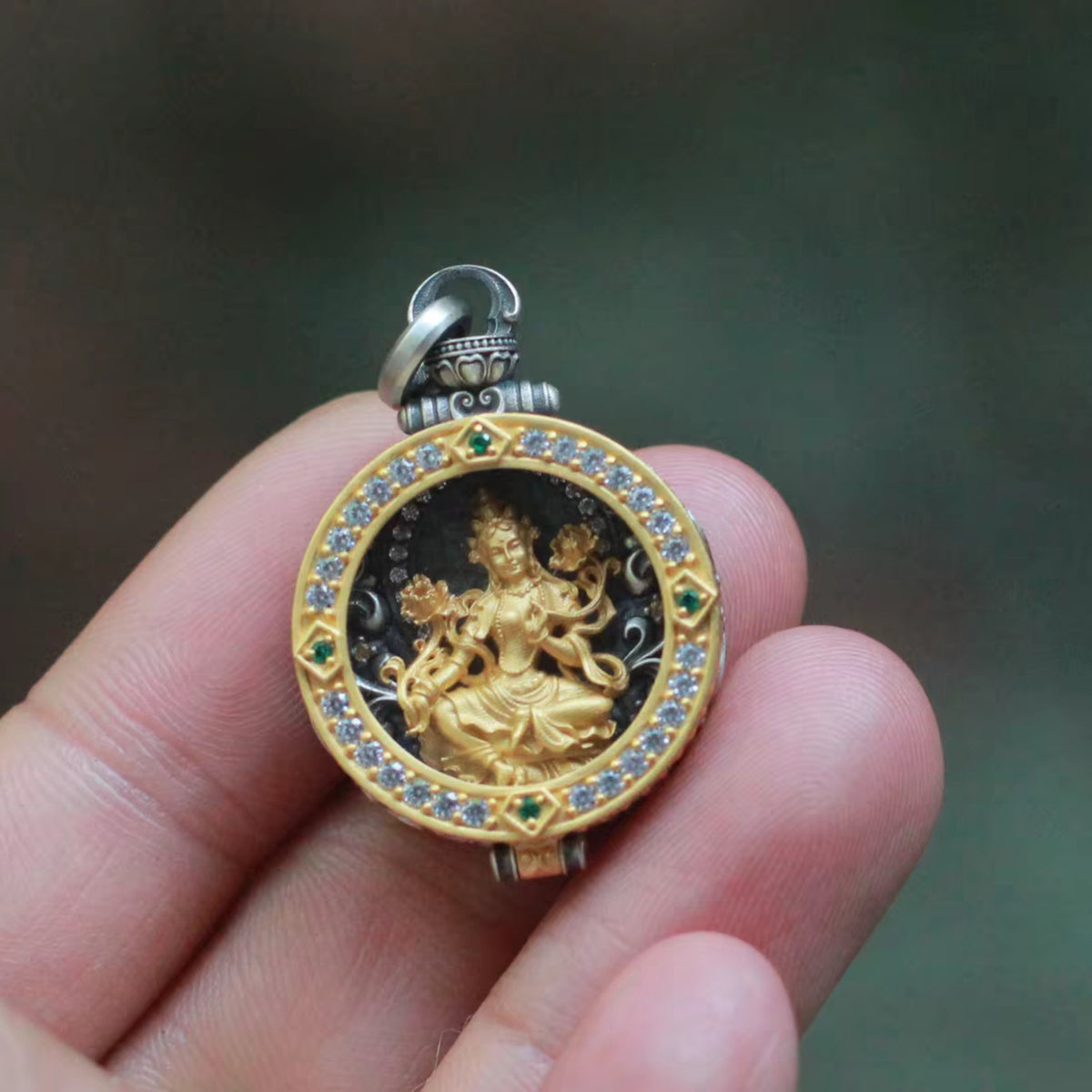 Tibetan Hand-Carved Green Tara Silver Gawu Box Pendant Necklace