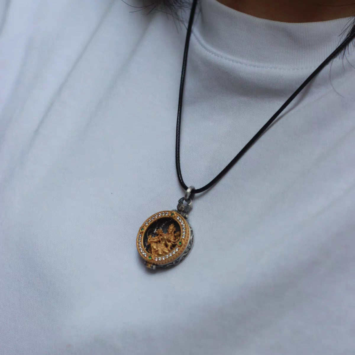 Tibetan Hand-Carved Green Tara Silver Gawu Box Pendant Necklace