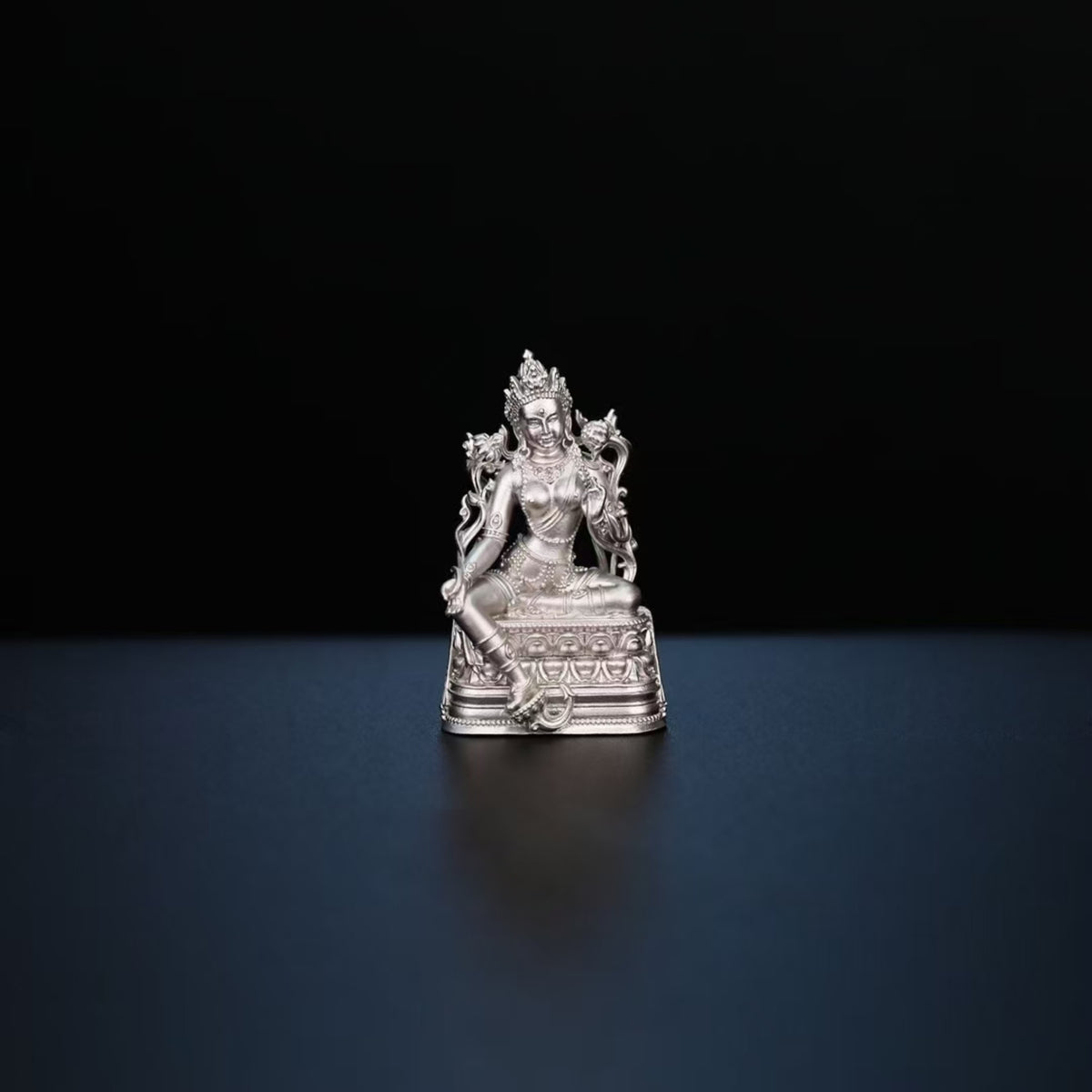 Tibetan Hand-Carved Green Tara Silver Shrine Statue