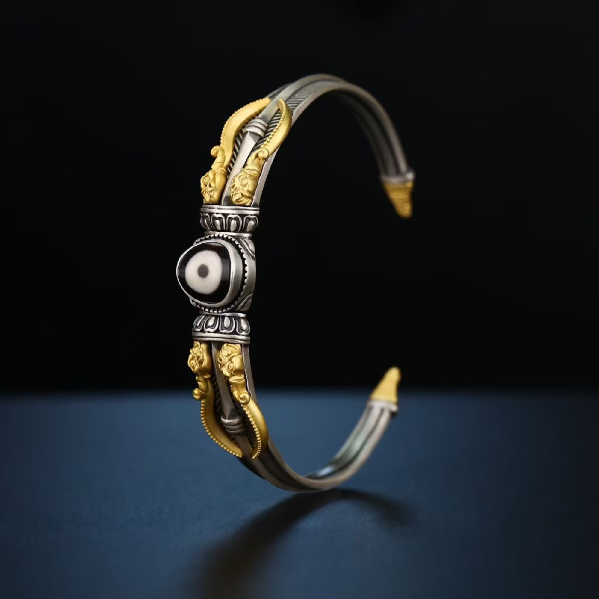 Tibetan Hand-Carved Makara & Dzi Bead Silver Bangle