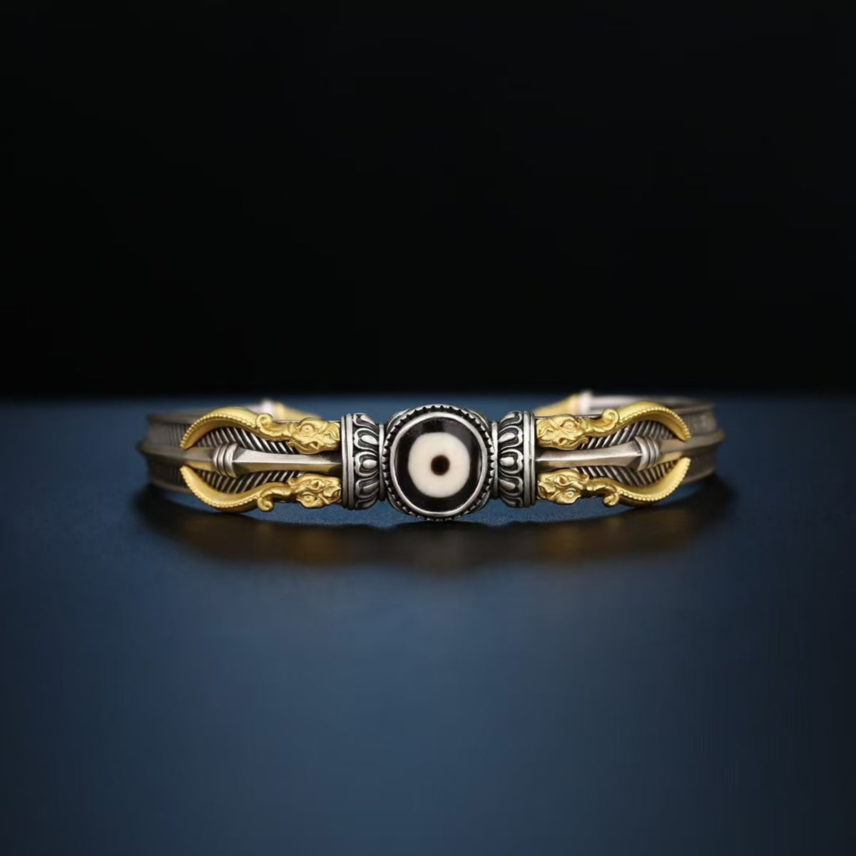 Tibetan Hand-Carved Makara & Dzi Bead Silver Bangle