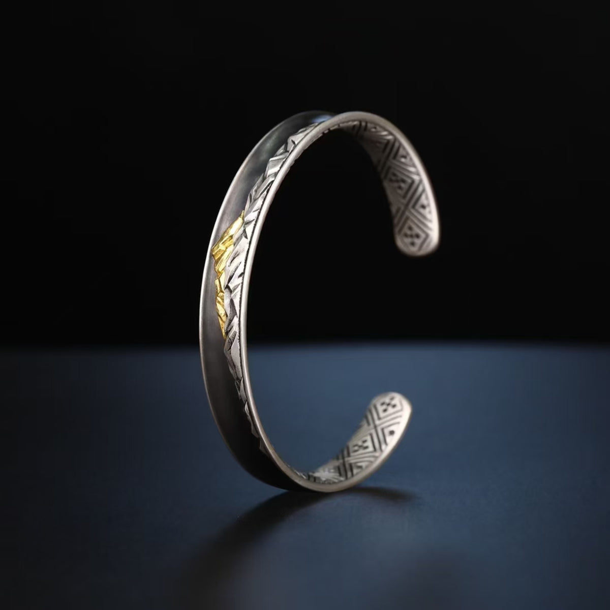 Tibetan Hand-Carved Mount Everest Gold & Silver Bangle