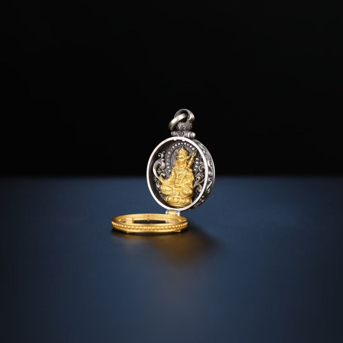 Tibetan Hand-Carved Padmasambhava Silver Gawu Box Pendant Necklace