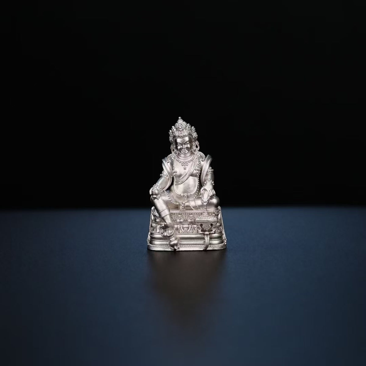 Tibetan Hand-Carved Yellow Jambhala Silver Shrine Statue