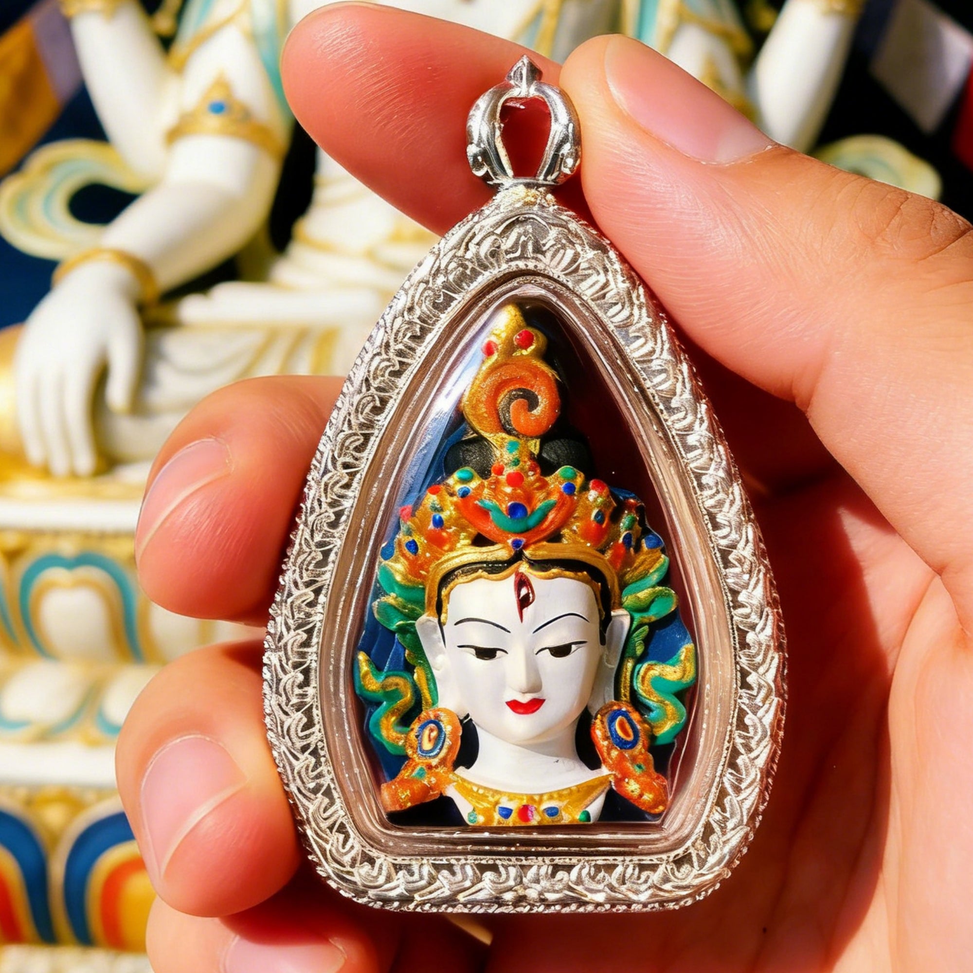 A hand holds a teardrop-shaped silver amulet pendant featuring a colorful painted deity face under a clear cover, with a blurred statue in the background.