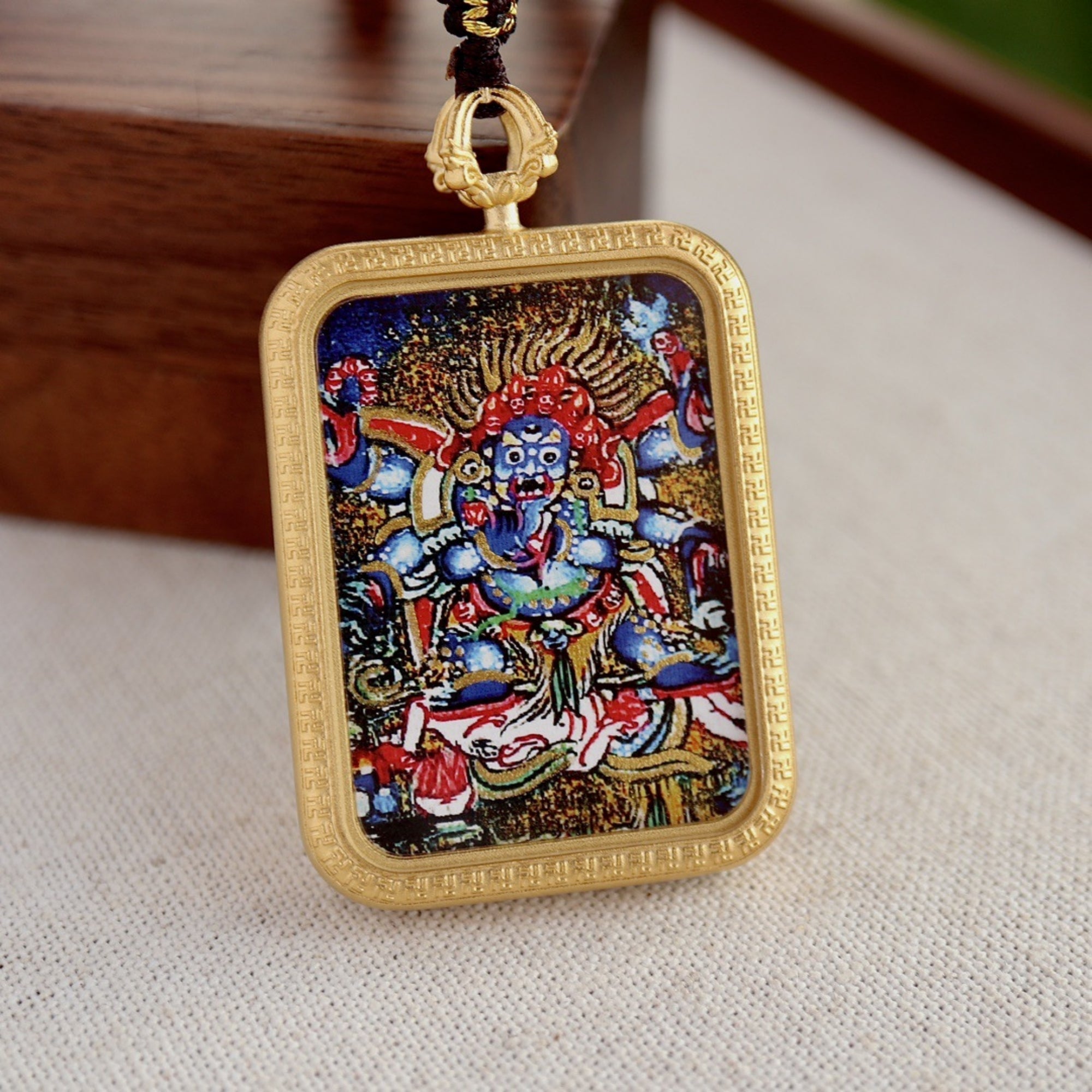 Tibetan Hand-Painted Mahakala Thangka Amulet Necklace