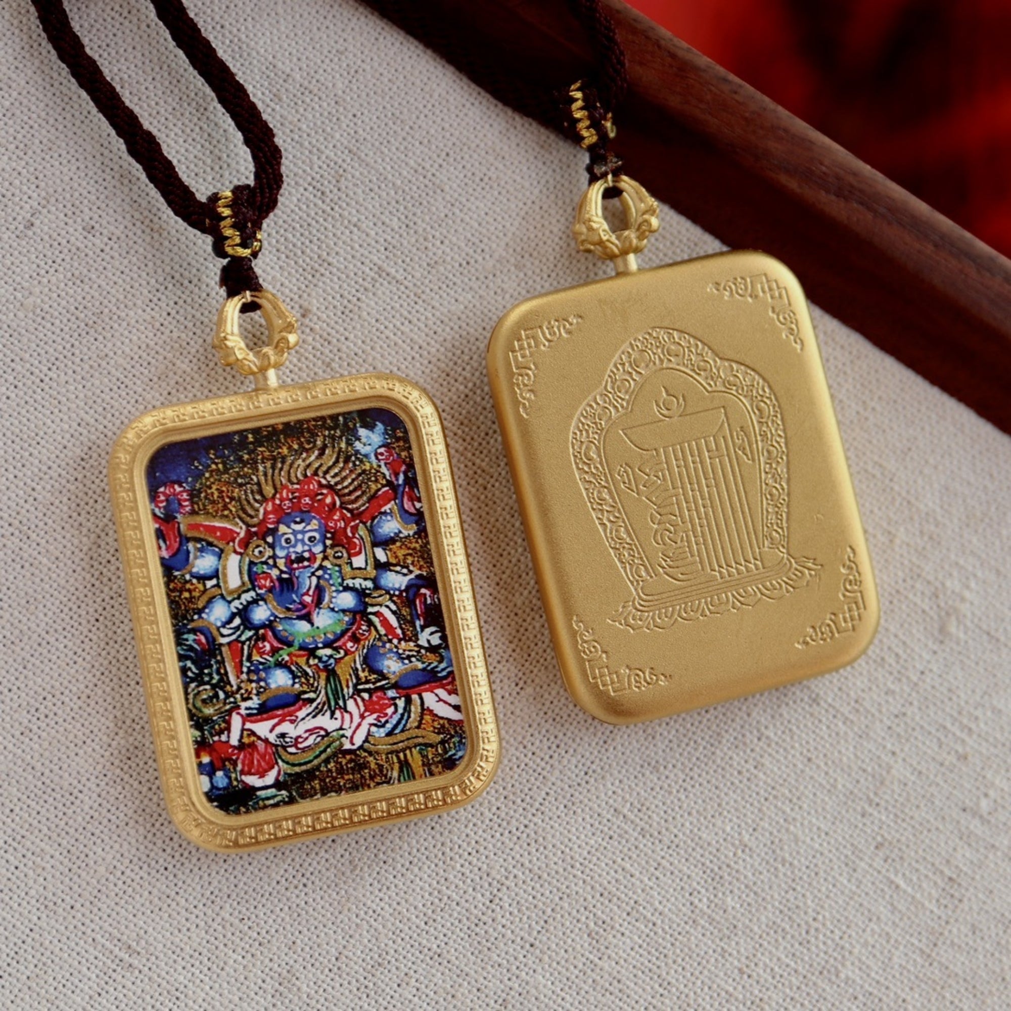 Tibetan Hand-Painted Mahakala Thangka Amulet Necklace