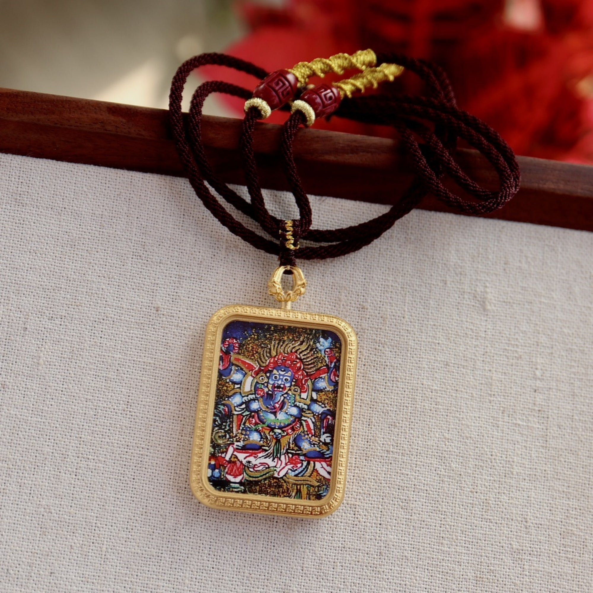 Tibetan Hand-Painted Mahakala Thangka Amulet Necklace
