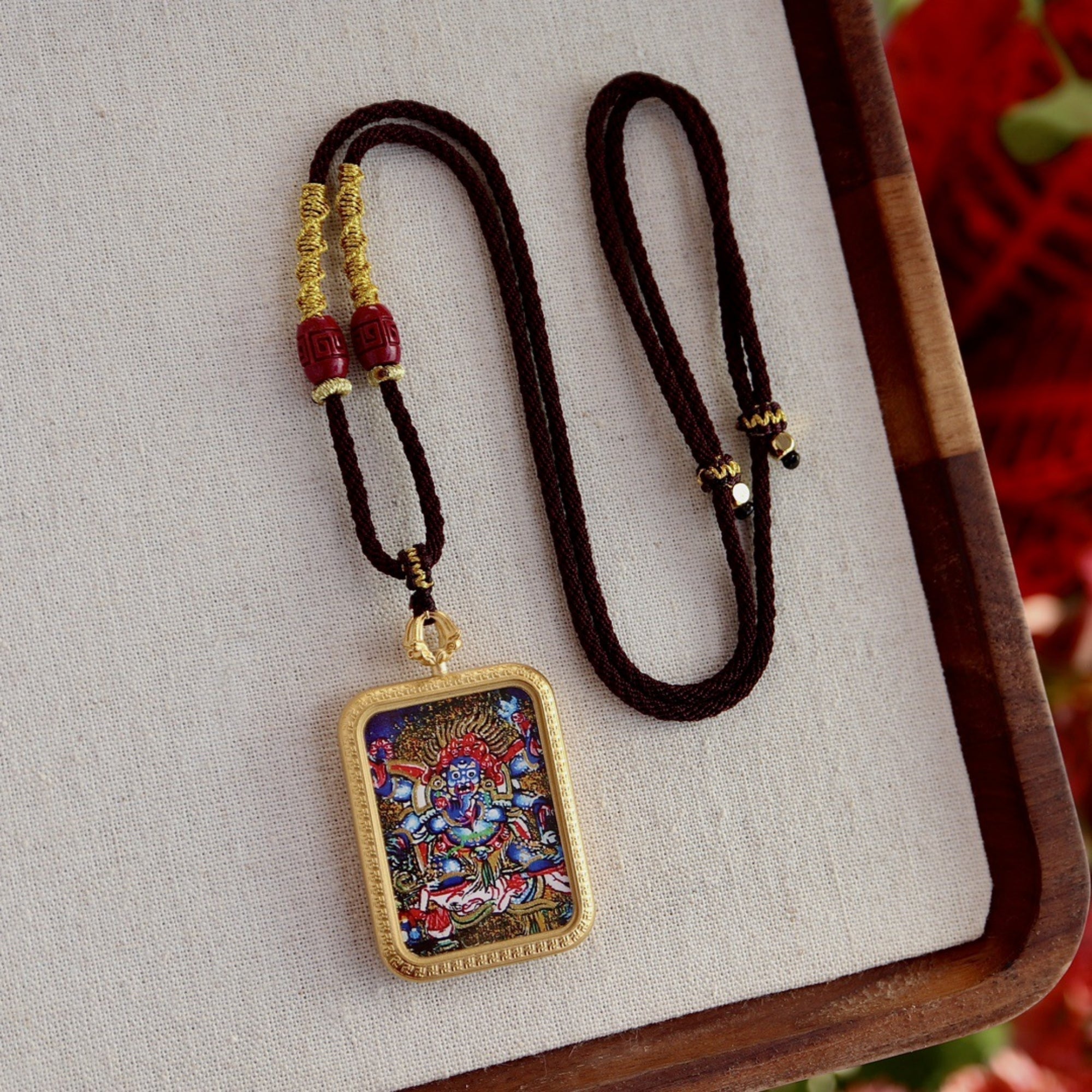 Tibetan Hand-Painted Mahakala Thangka Amulet Necklace