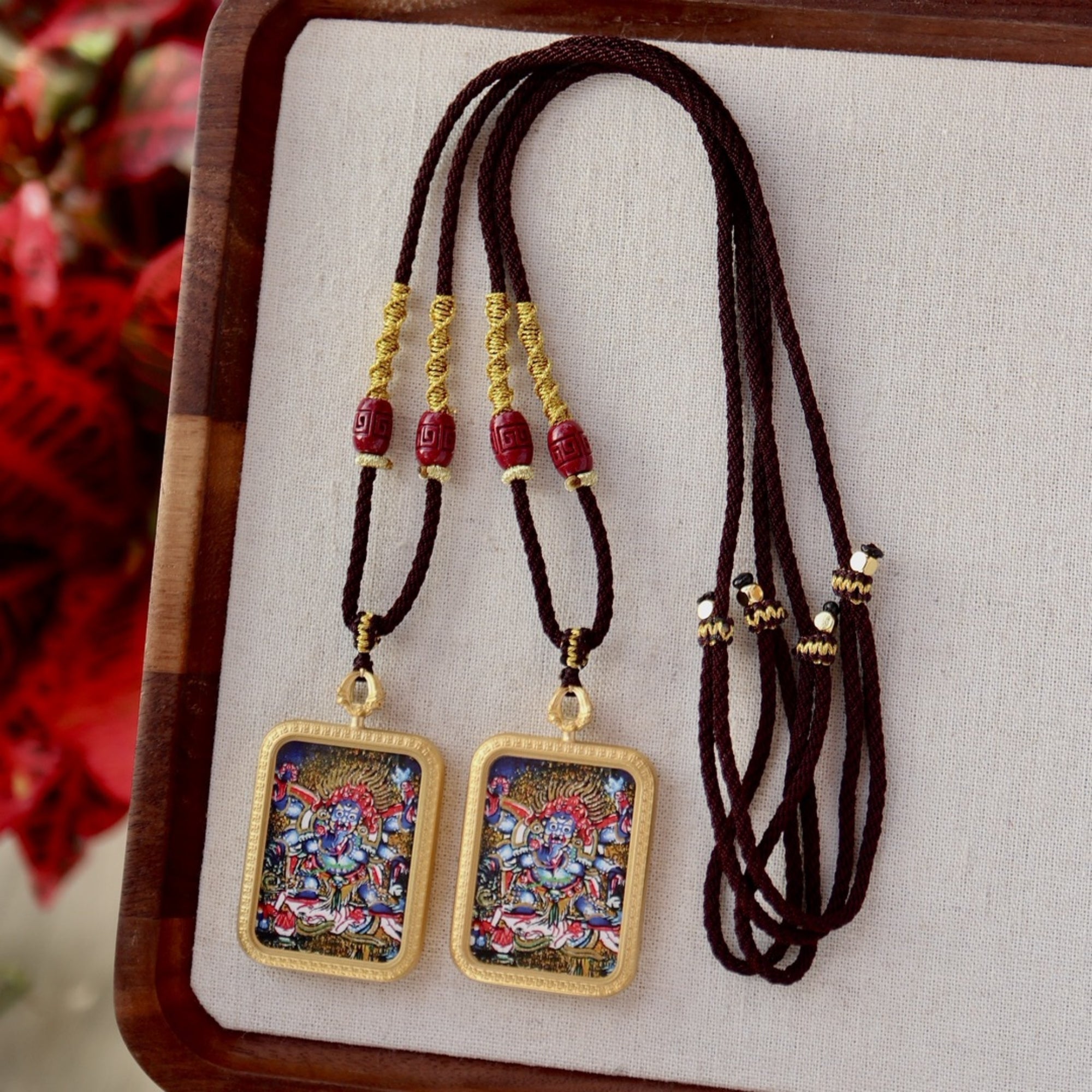 Tibetan Hand-Painted Mahakala Thangka Amulet Necklace