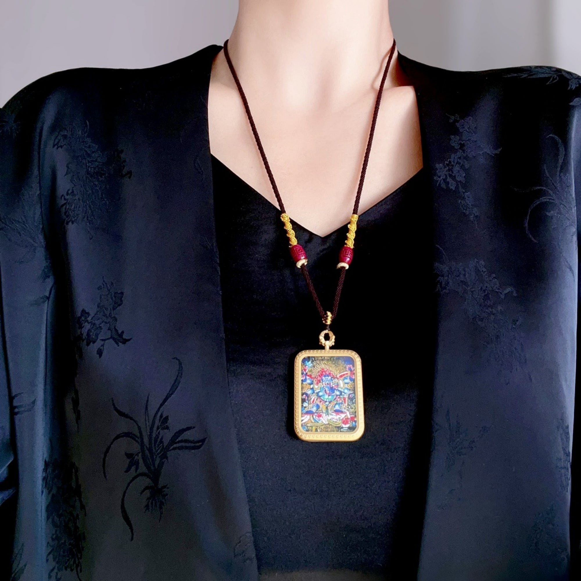 Tibetan Hand-Painted Mahakala Thangka Amulet Necklace
