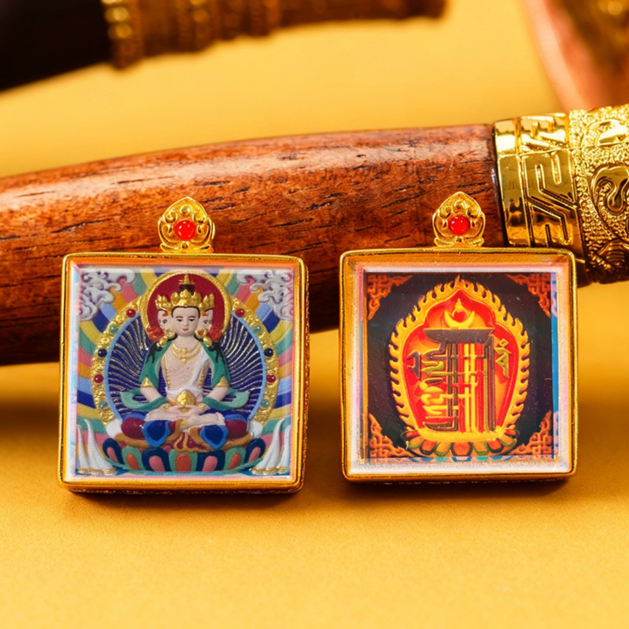 Decorative earrings with intricate designs on a yellow background