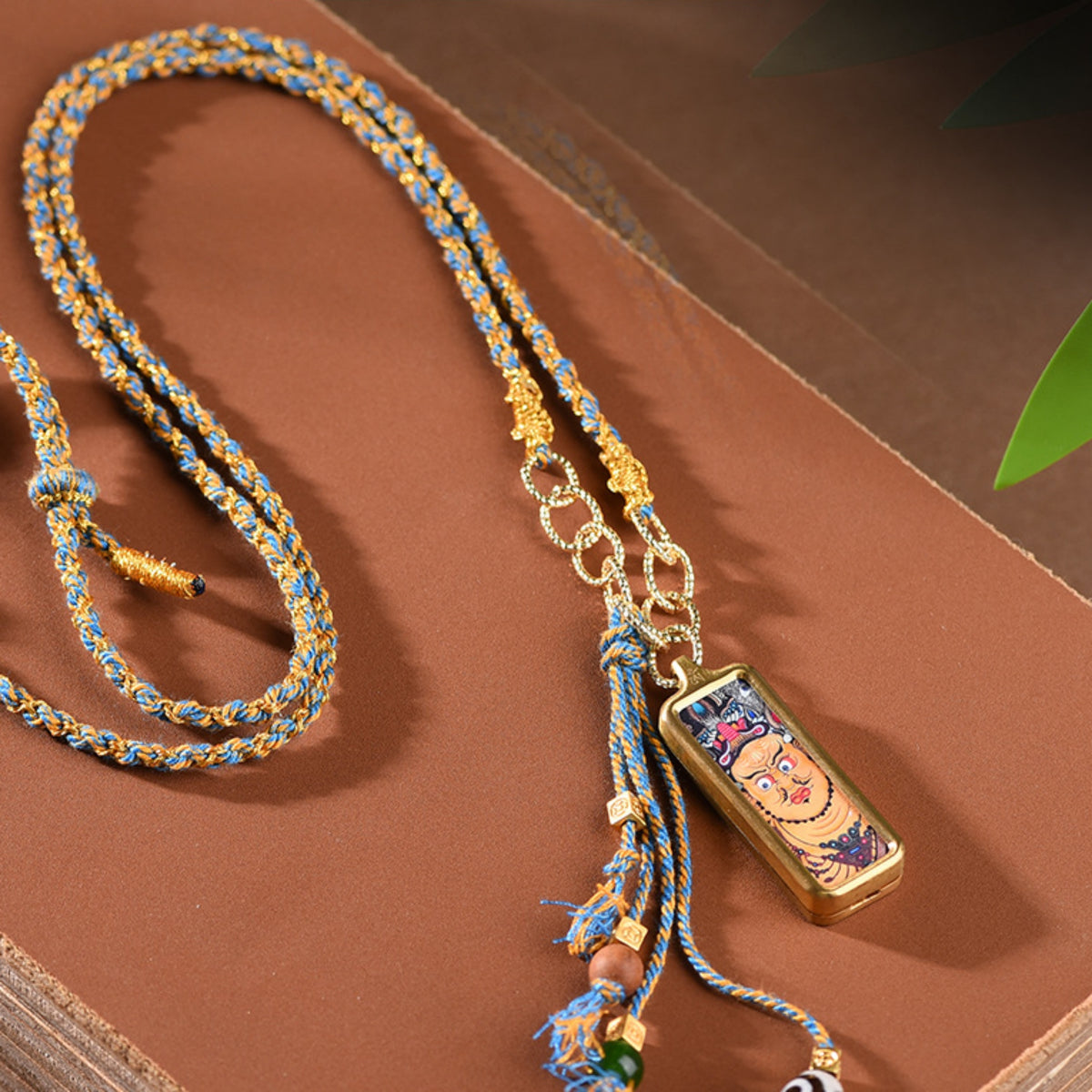Tibetan Hand-Painted Yellow Wealth Deity Thangka Necklace