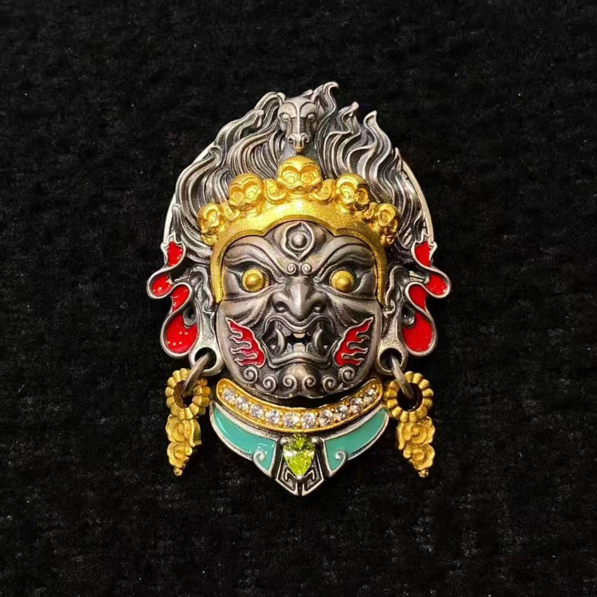 Tibetan Hayagriva (Horse-Headed Wisdom King) Sterling Silver Crystal Enamel Amulet Pendant