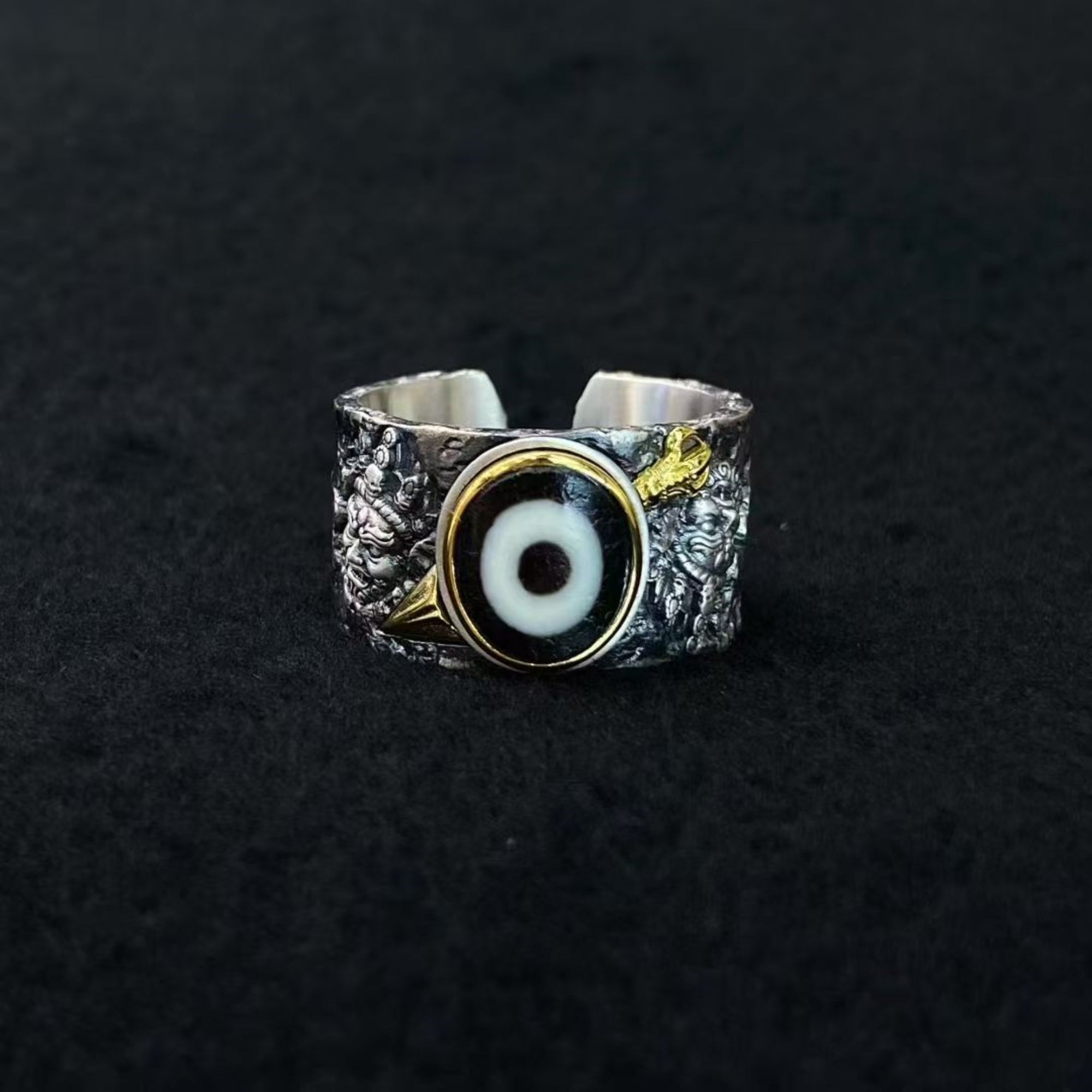 Tibetan Phurba Vajra Dzi Bead Sterling Silver Adjustable Ring