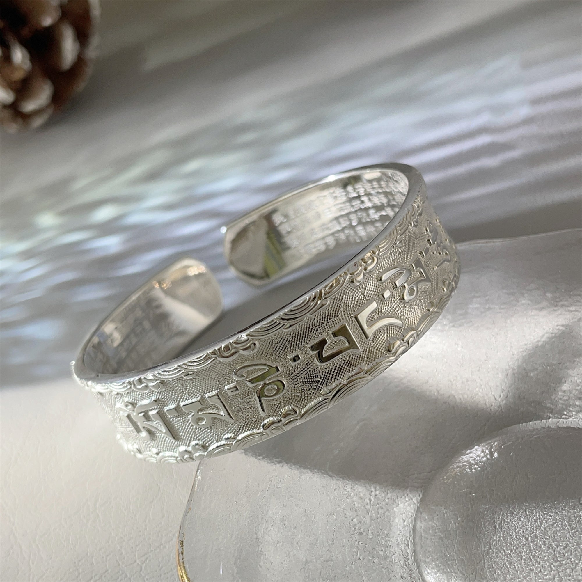 Tibetan Six-Syllable Mantra & Lotus Sutra Silver Bangle