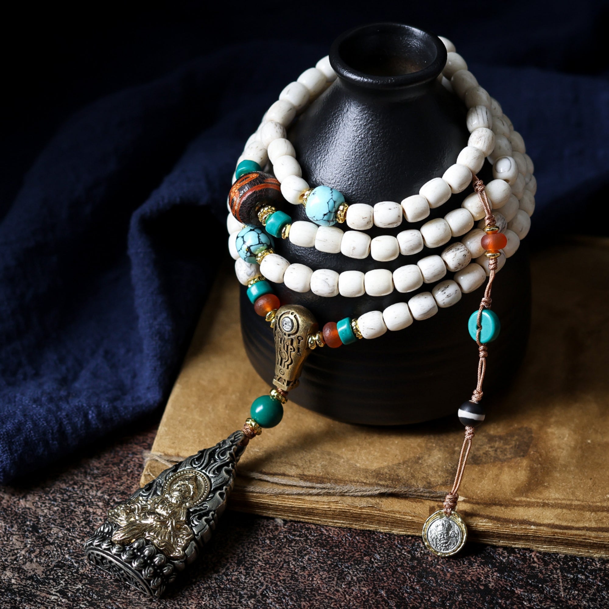 Tibetan Yak Bone Bead Yellow Jambhala Necklace