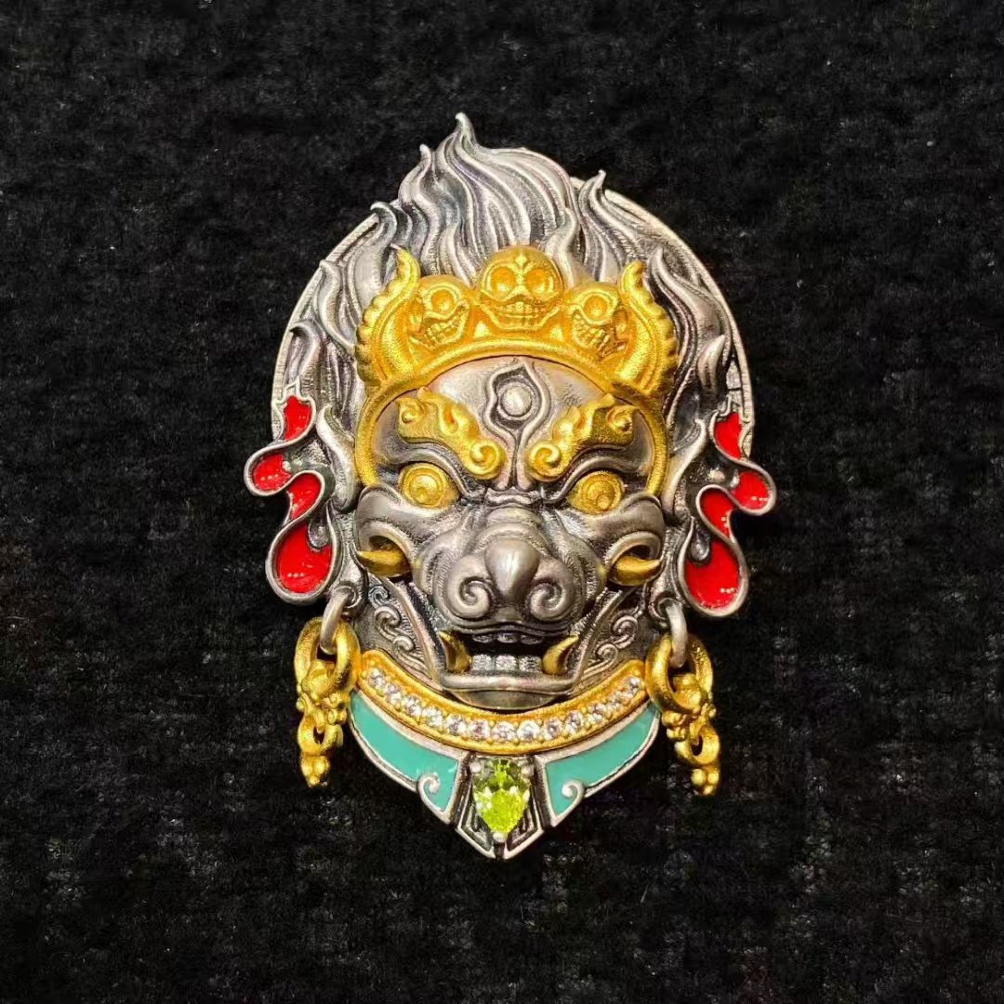 Tibetan Yamantaka (Vajrabhairava) Sterling Silver Crystal Enamel Amulet Pendant